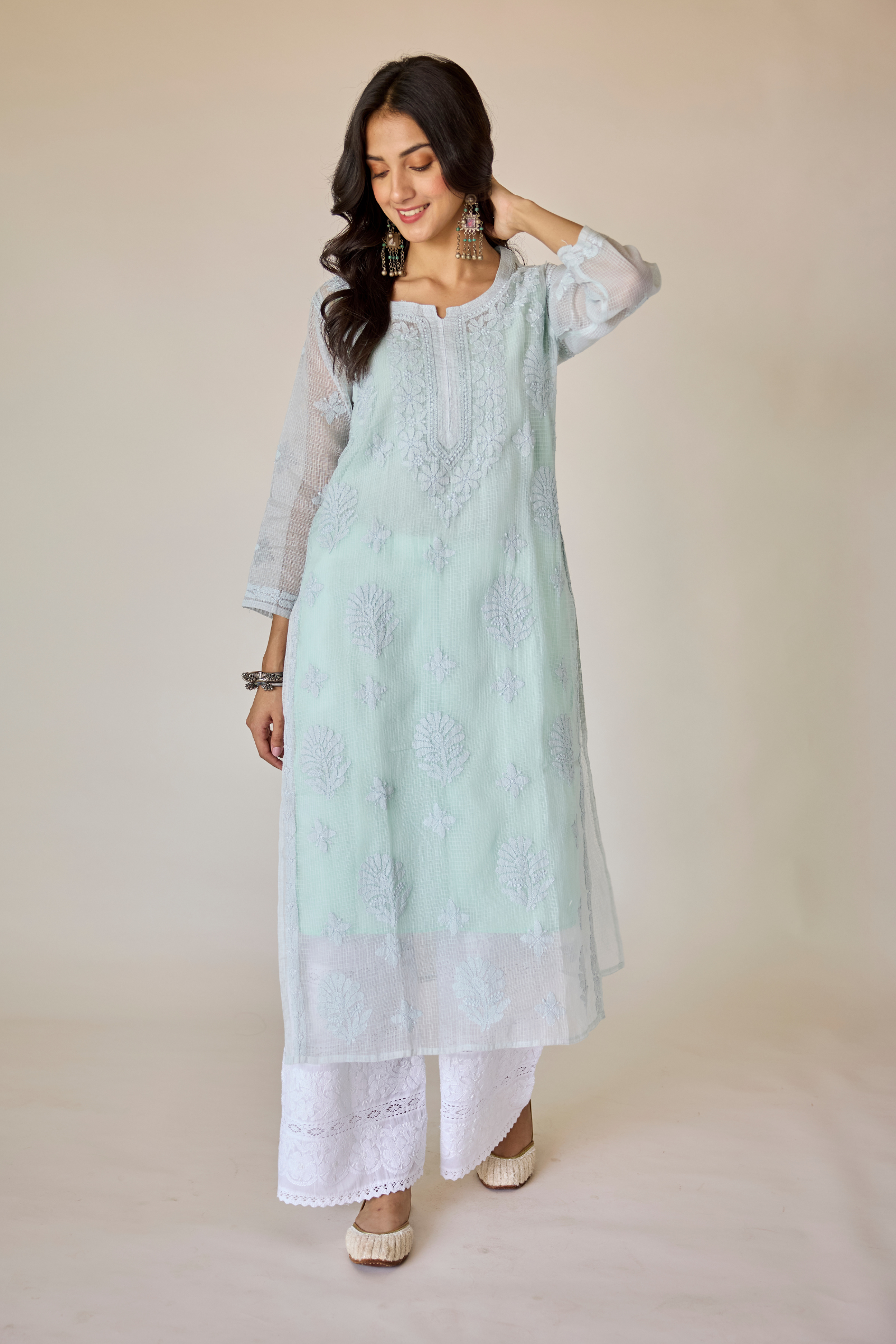 Dehra Blue Kota Hand Embroidered Chikankari Kurta with Slip