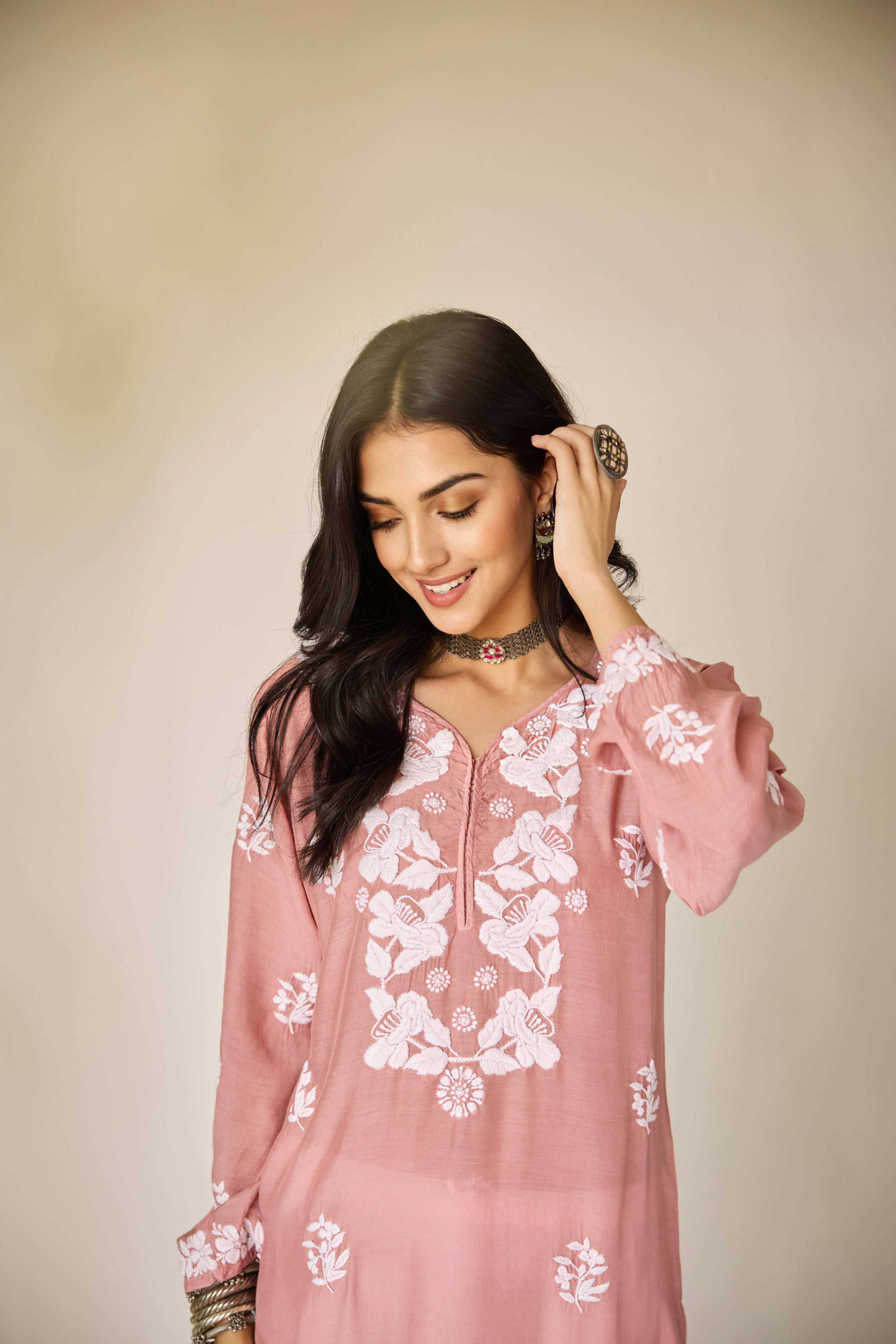 Crest Dusty Pink Muslin Hand Embroidered Chikankari Kurta