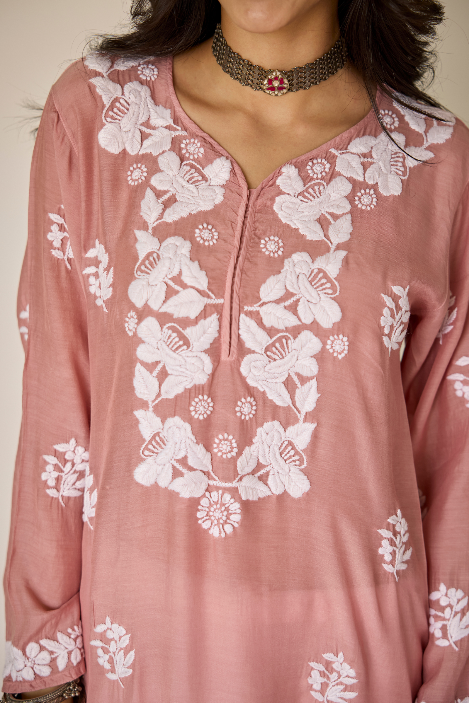 Crest Dusty Pink Muslin Hand Embroidered Chikankari Kurta