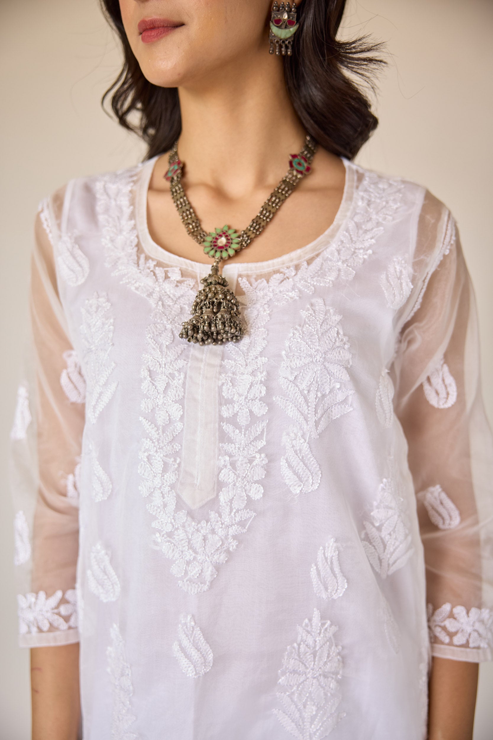 Elina White Organza Hand Embroidered Chikankari Kurta with Slip