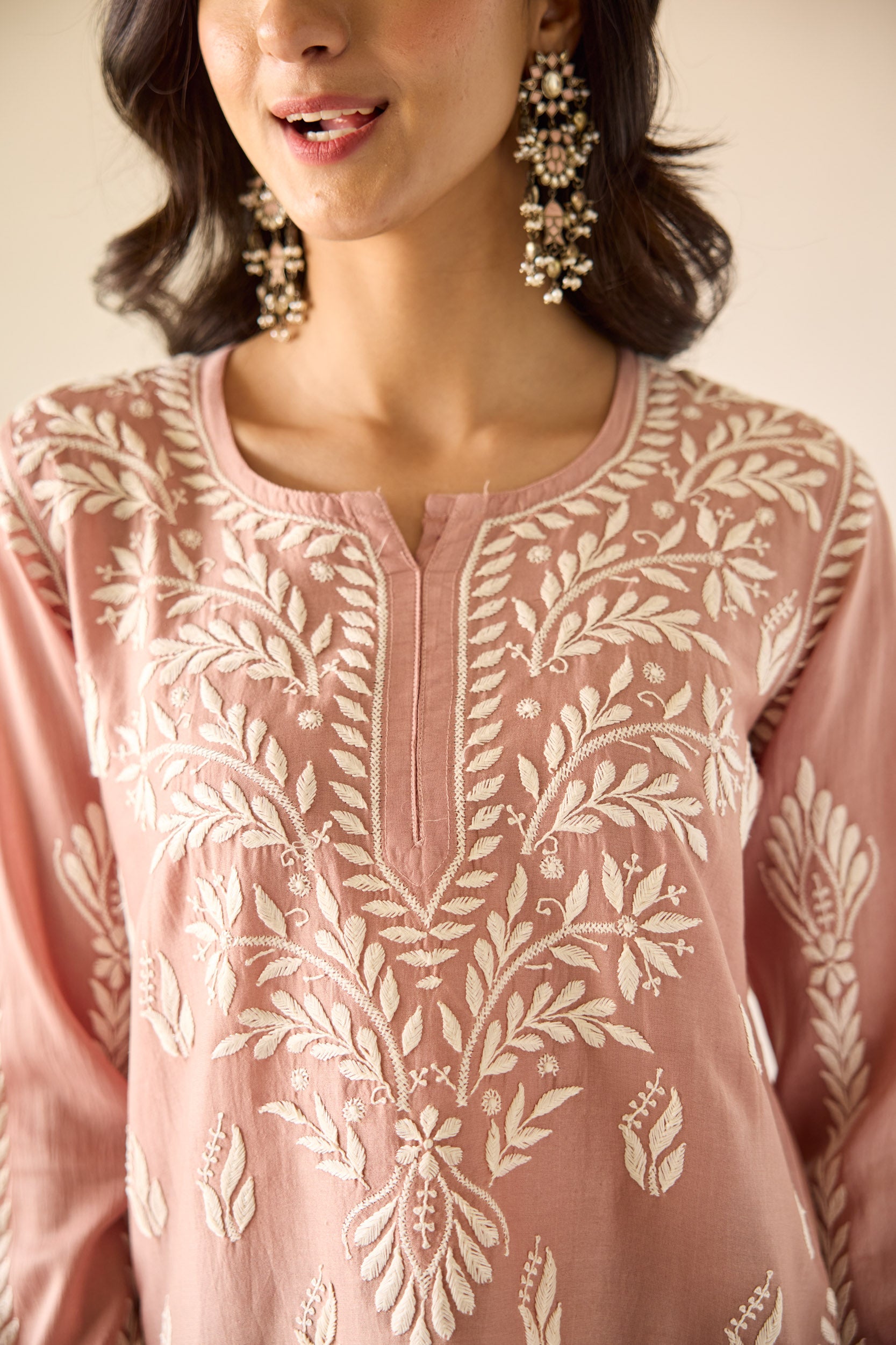 Mallika Brown Chanderi Hand Embroidered Short Chikankari Kurti