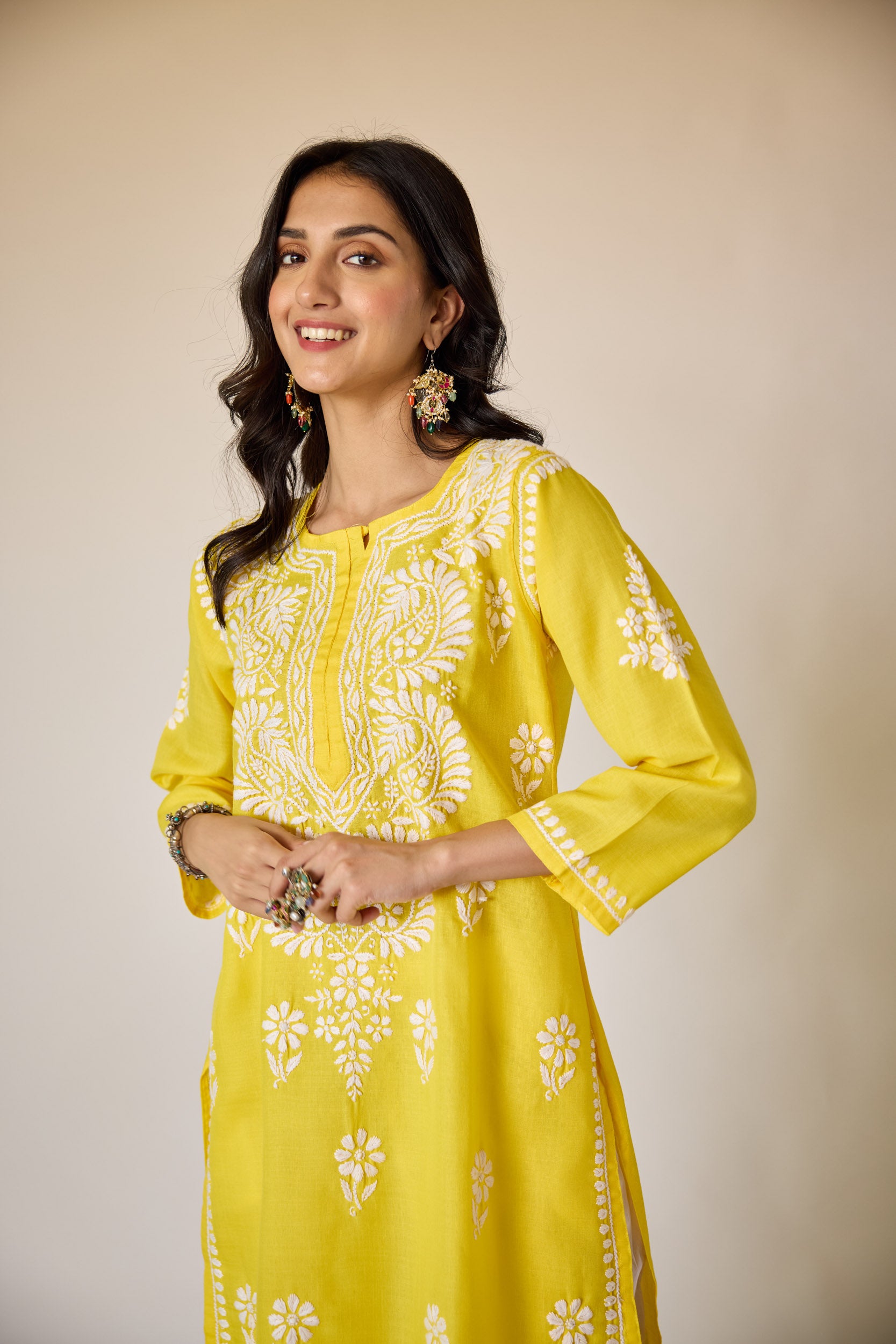 Ifrah Yellow Hand Embroidered Chikankari Kurta