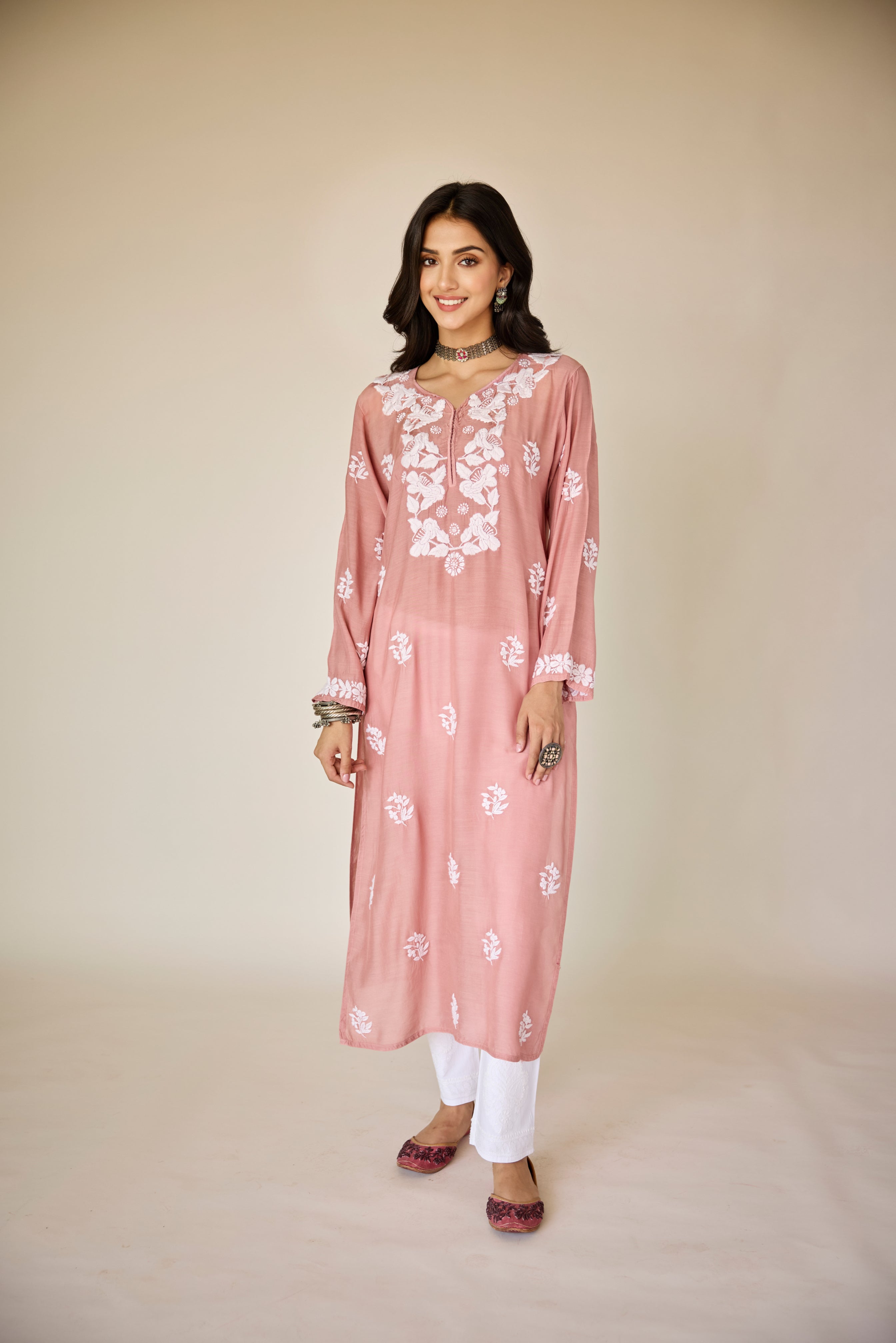 Crest Dusty Pink Muslin Hand Embroidered Chikankari Kurta