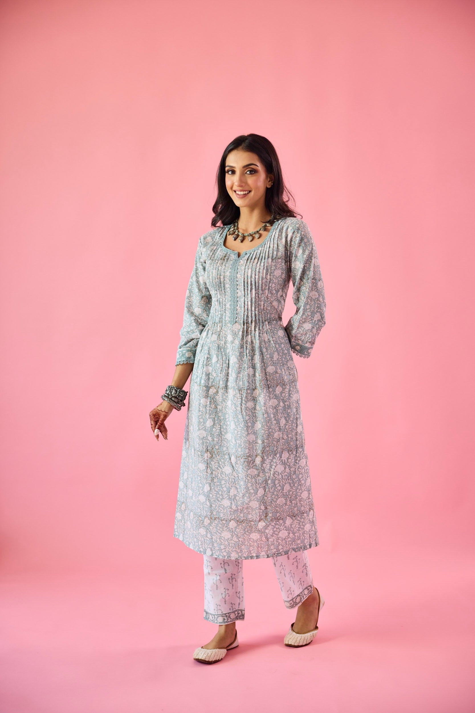 Nazneen Sea Green & White Cotton Kurta Set