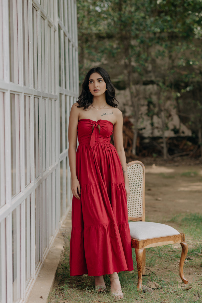 Red strapless maxi store dress