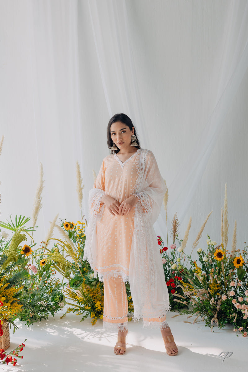 Sadia Peach Embroidered Mulmul Kurta & Pant Set – Old Marigold