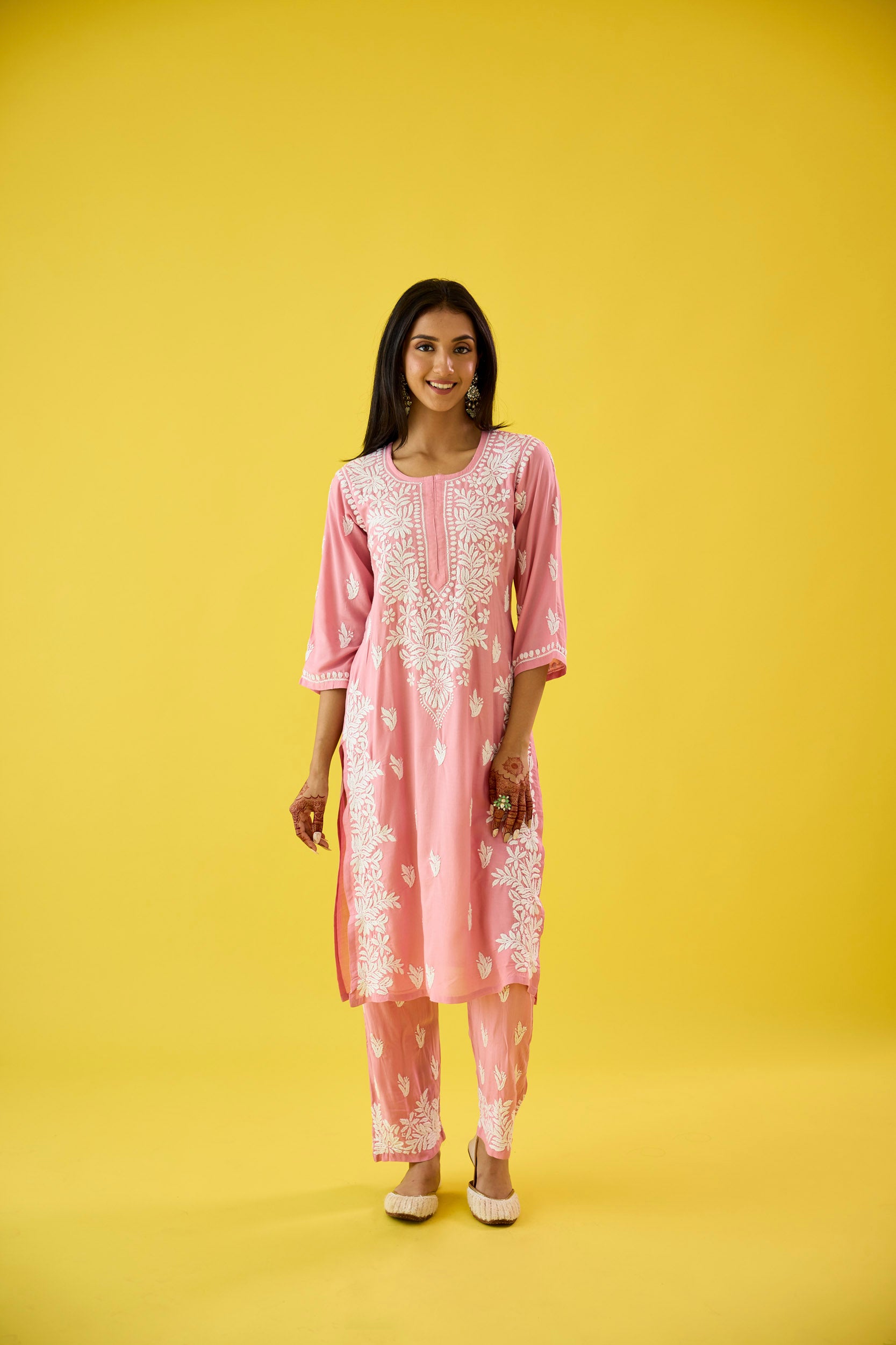 Mehtap Baby Pink Modal Hand Embroidered Chikankari Kurta & Pant Set