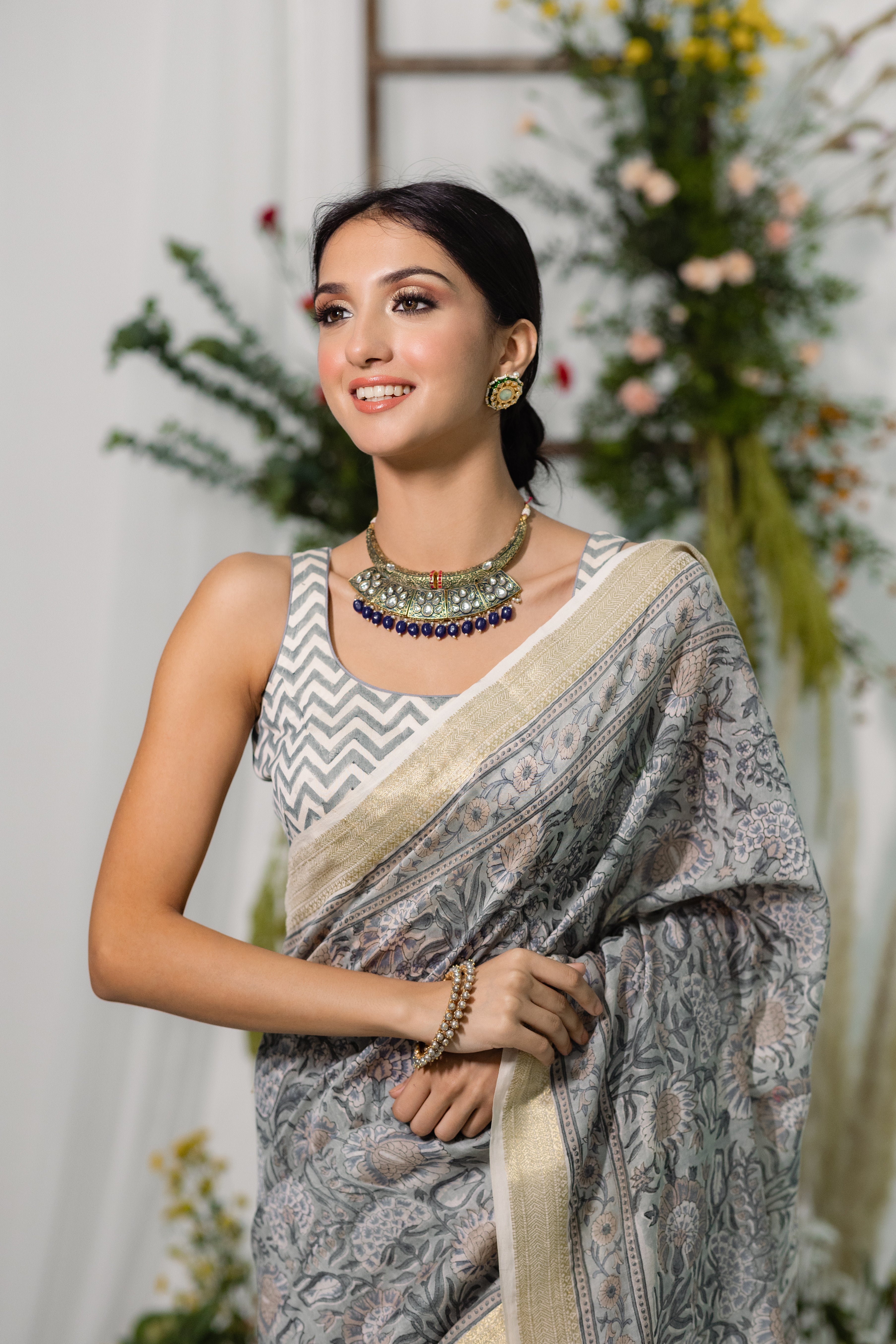 Bouganvillea Grey Printed Chanderi Silk Saree