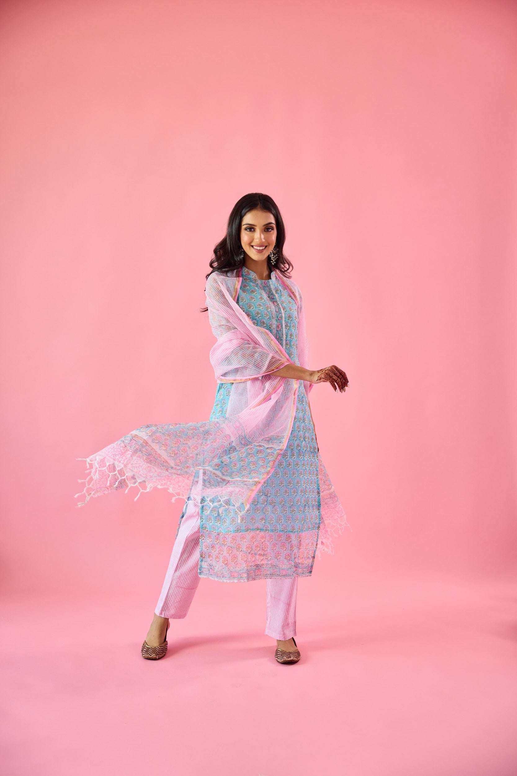 Qudsia Blue & Pink Kota Hand Embellished Kurta Set