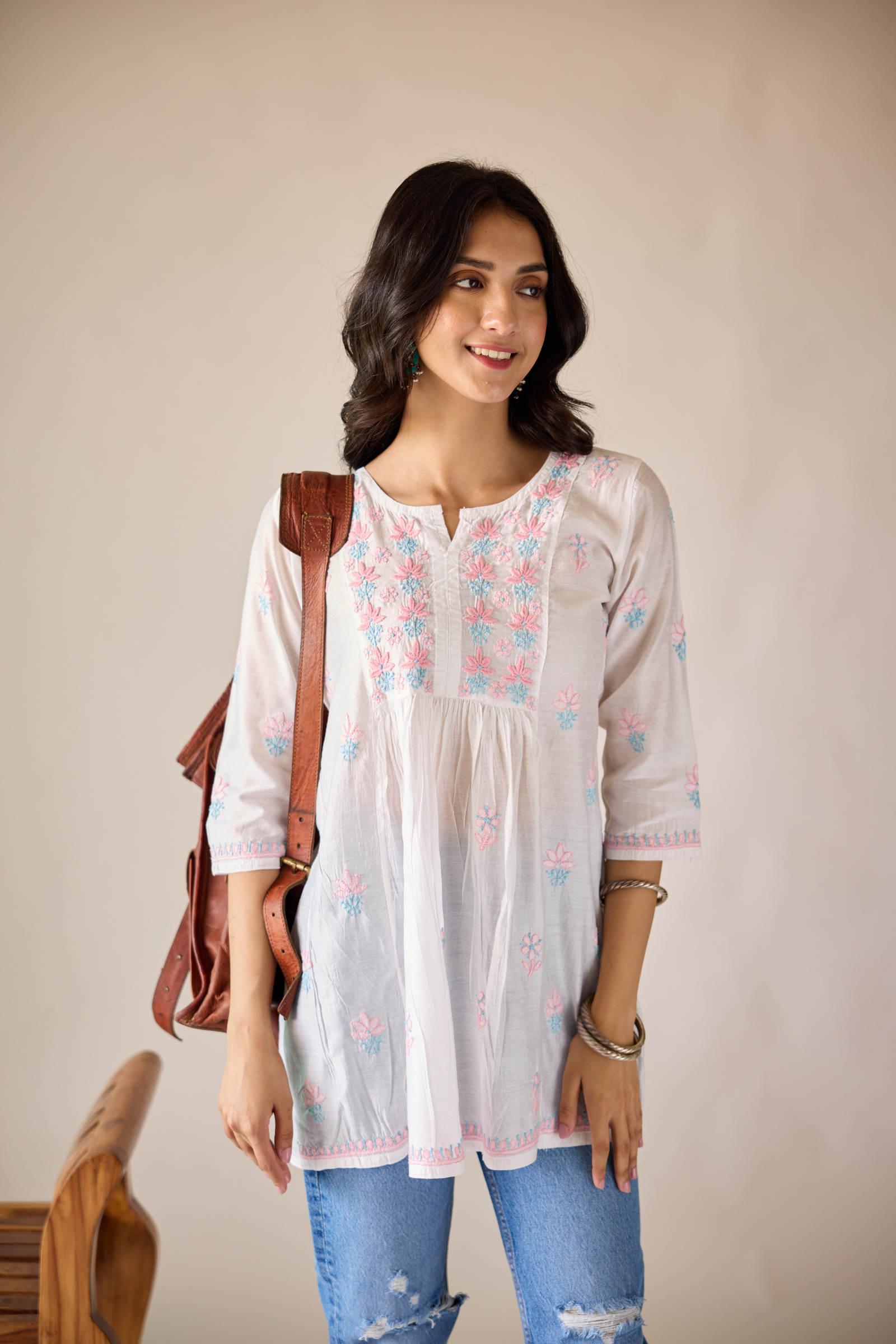 Anamika White Chanderi Hand Embroidered Short Chikankari Kurti