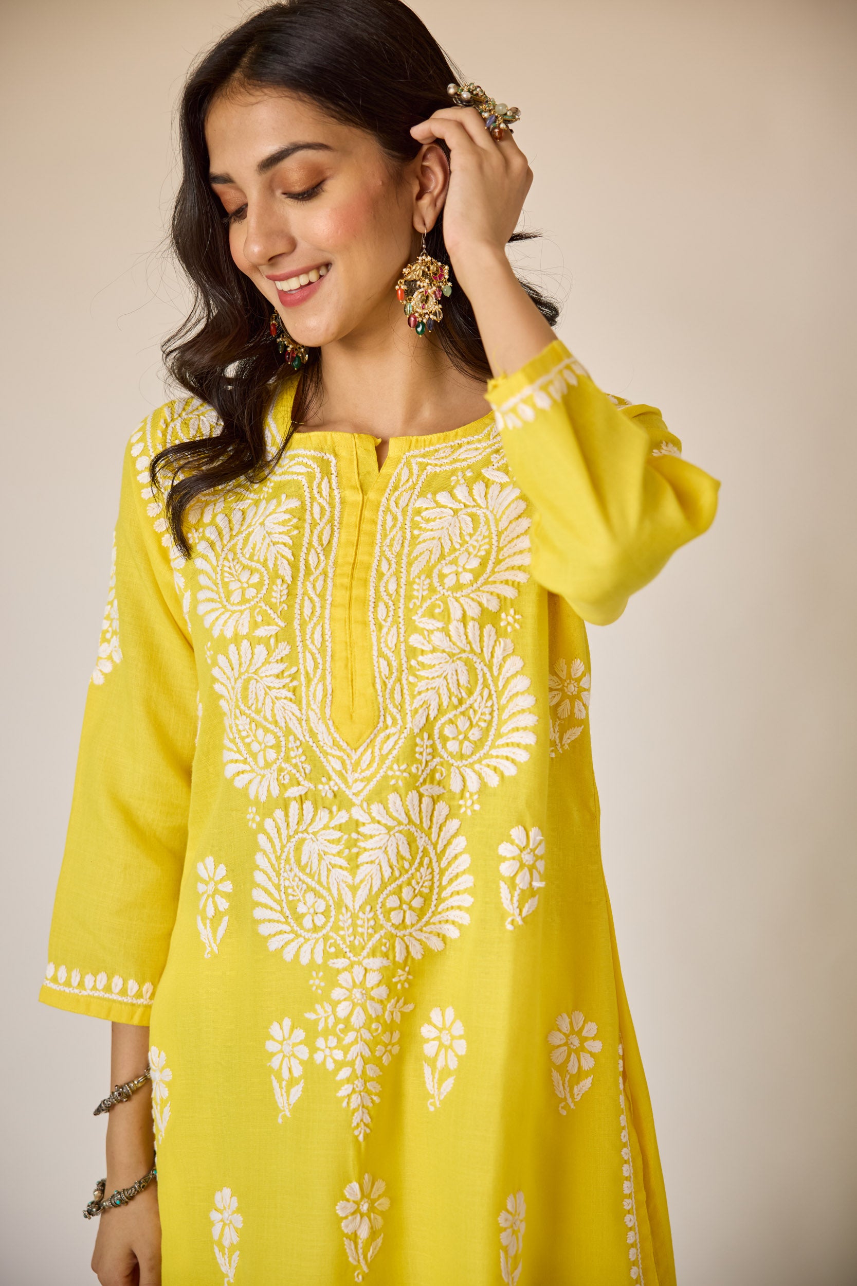 Ifrah Yellow Hand Embroidered Chikankari Kurta