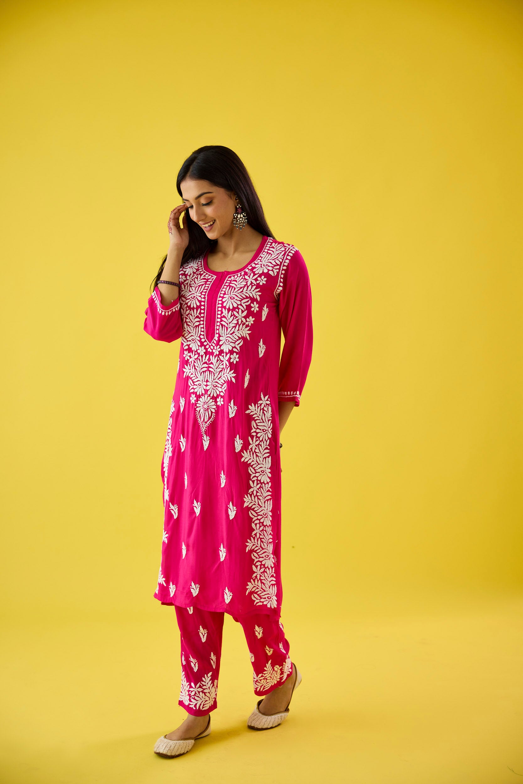 Melis Hot Pink Modal Hand Embroidered Chikankari Kurta & Pant Set