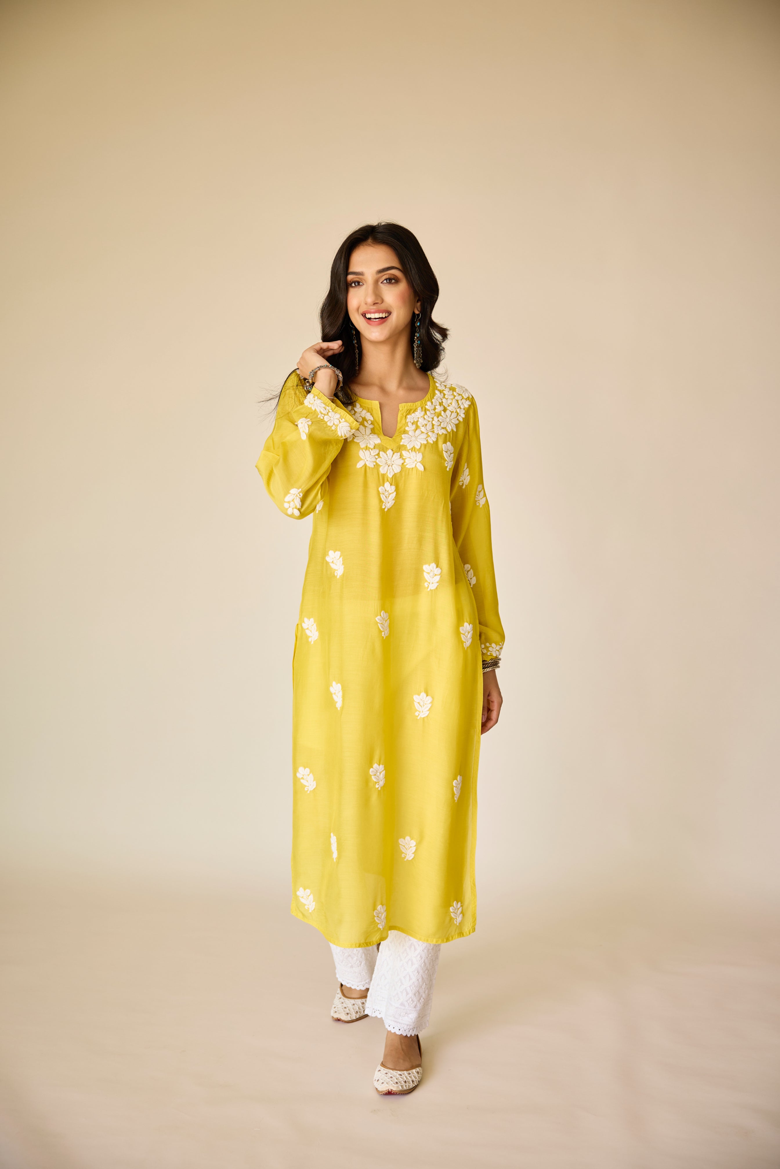 Sofiya Yellow Muslin Hand Embroidered Chikankari Kurta