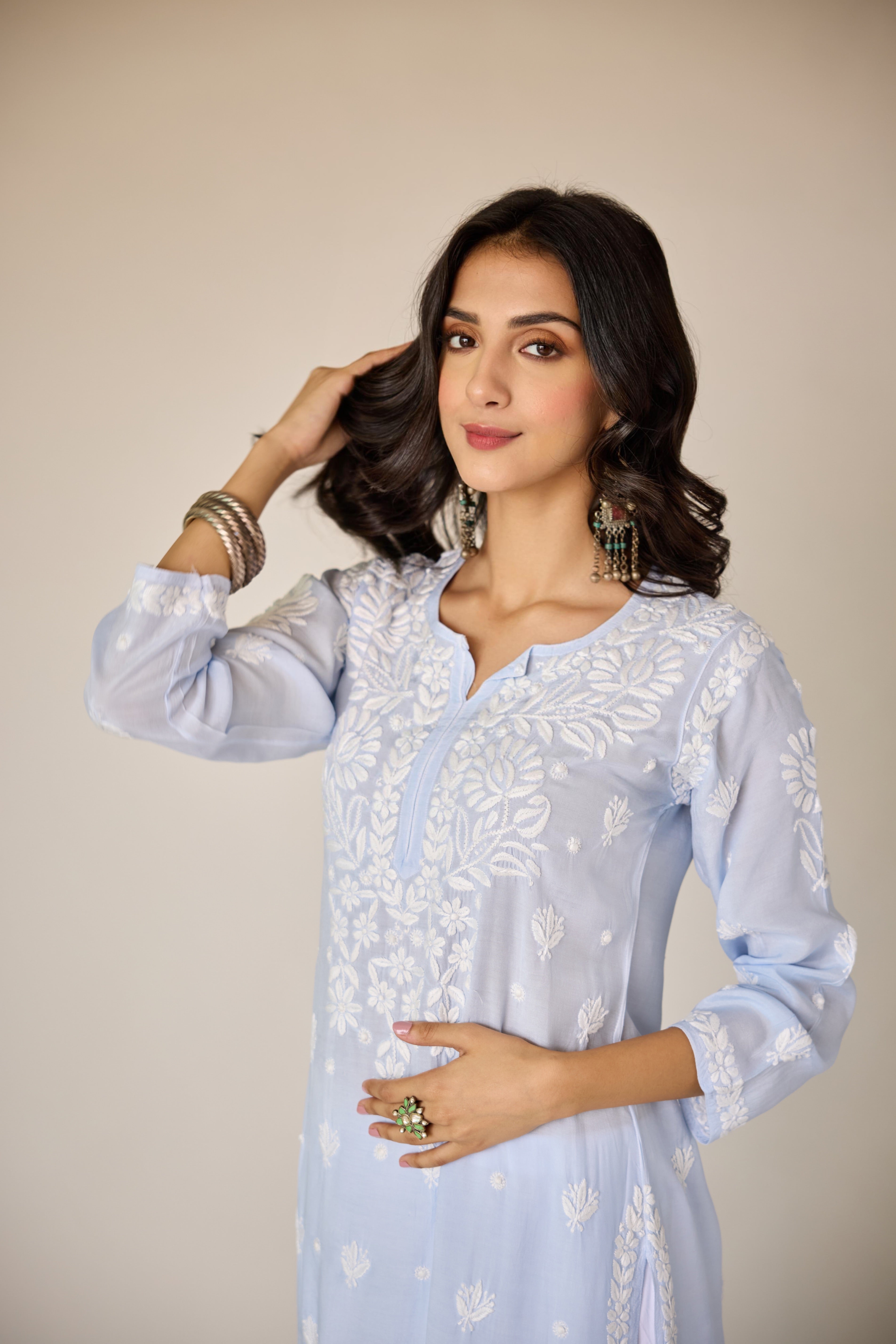 Paolo Powder Blue Muslin Hand Embroidered Chikankari Kurta