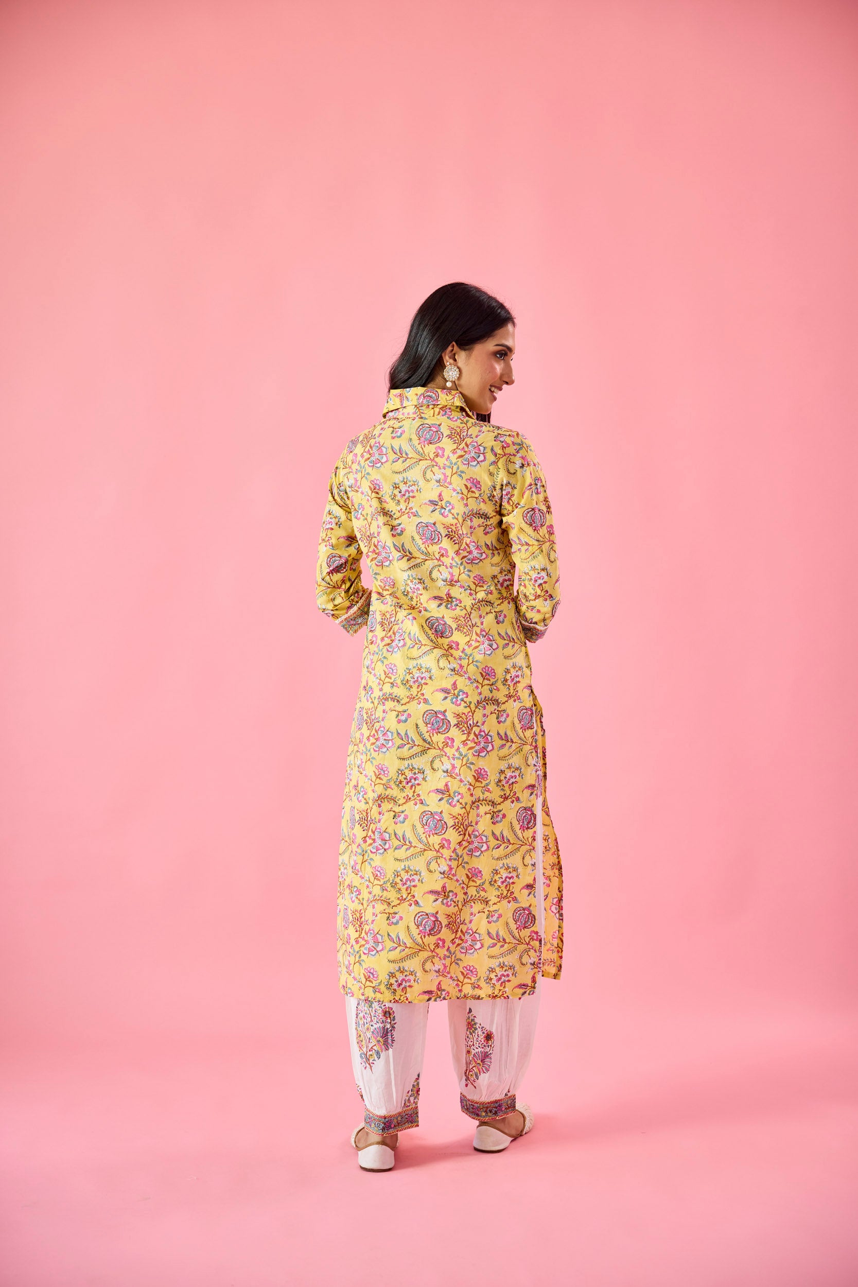 Ziyana Yellow & White Cotton Kurta Set