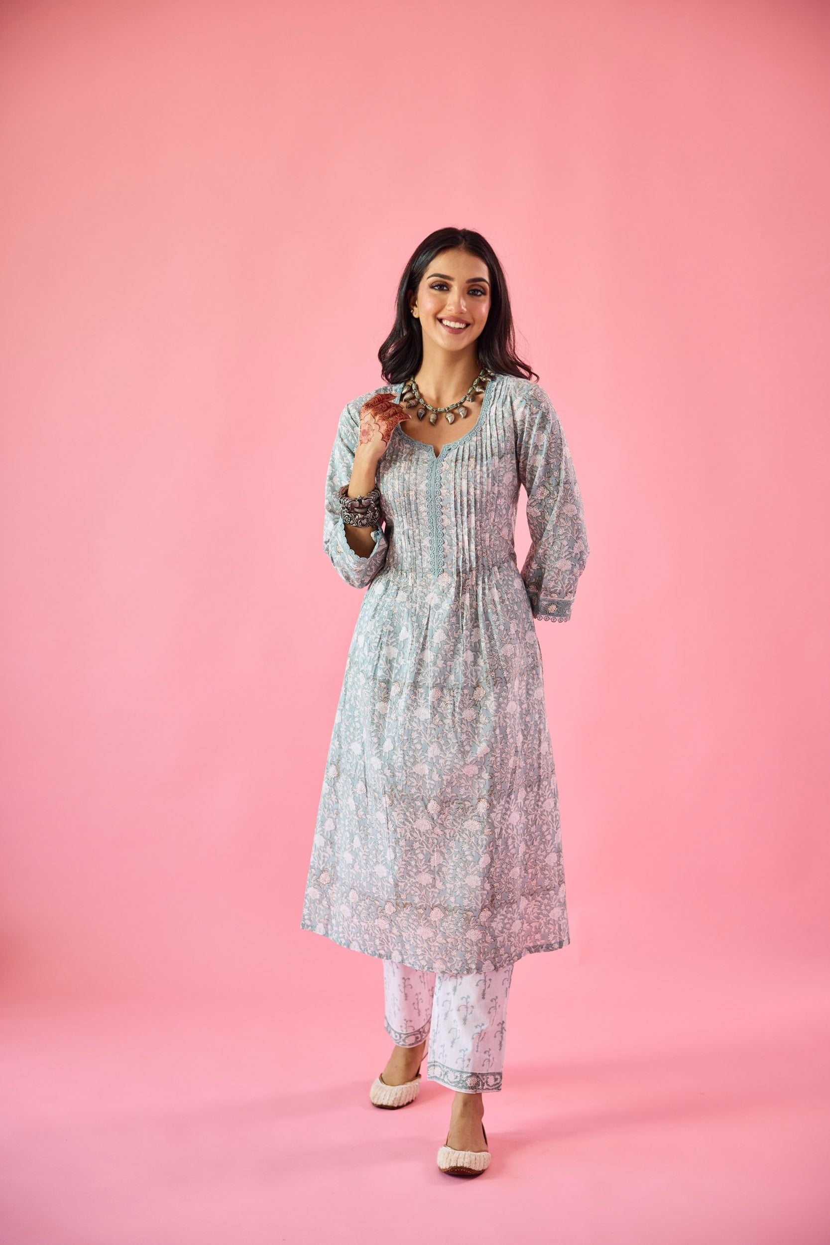 Nazneen Sea Green & White Cotton Kurta Set