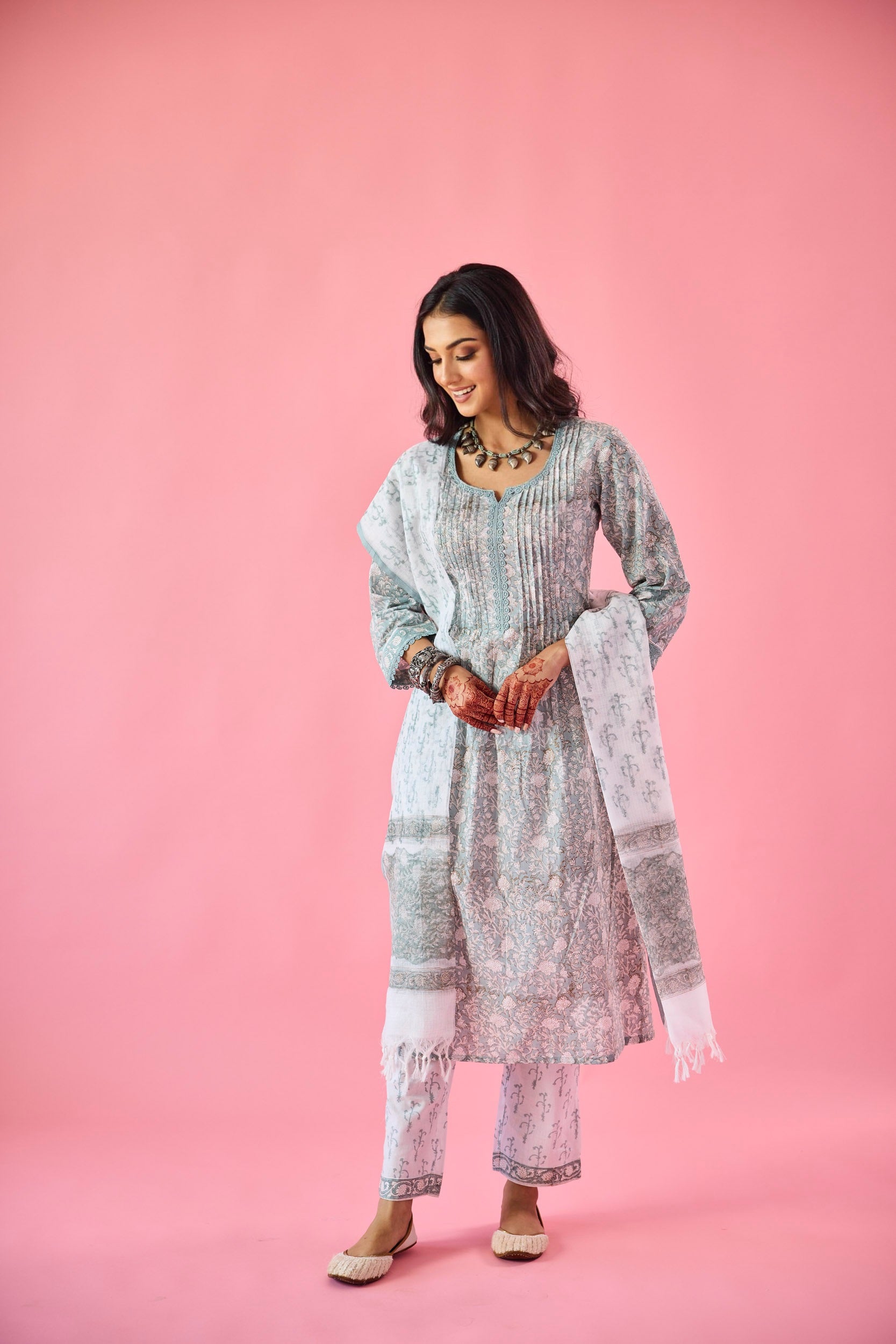 Nazneen Sea Green & White Cotton Kurta Set