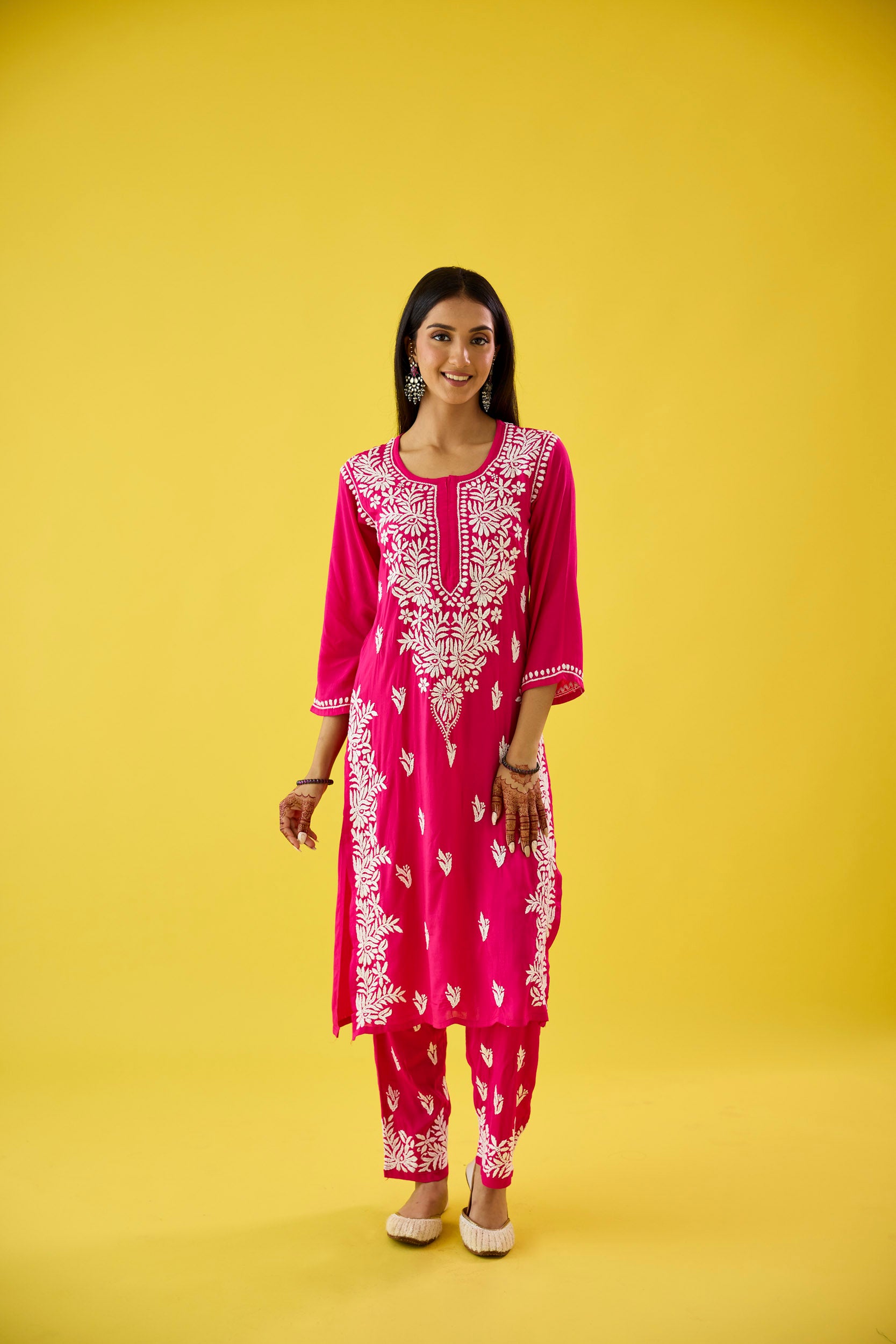 Melis Hot Pink Modal Hand Embroidered Chikankari Kurta & Pant Set