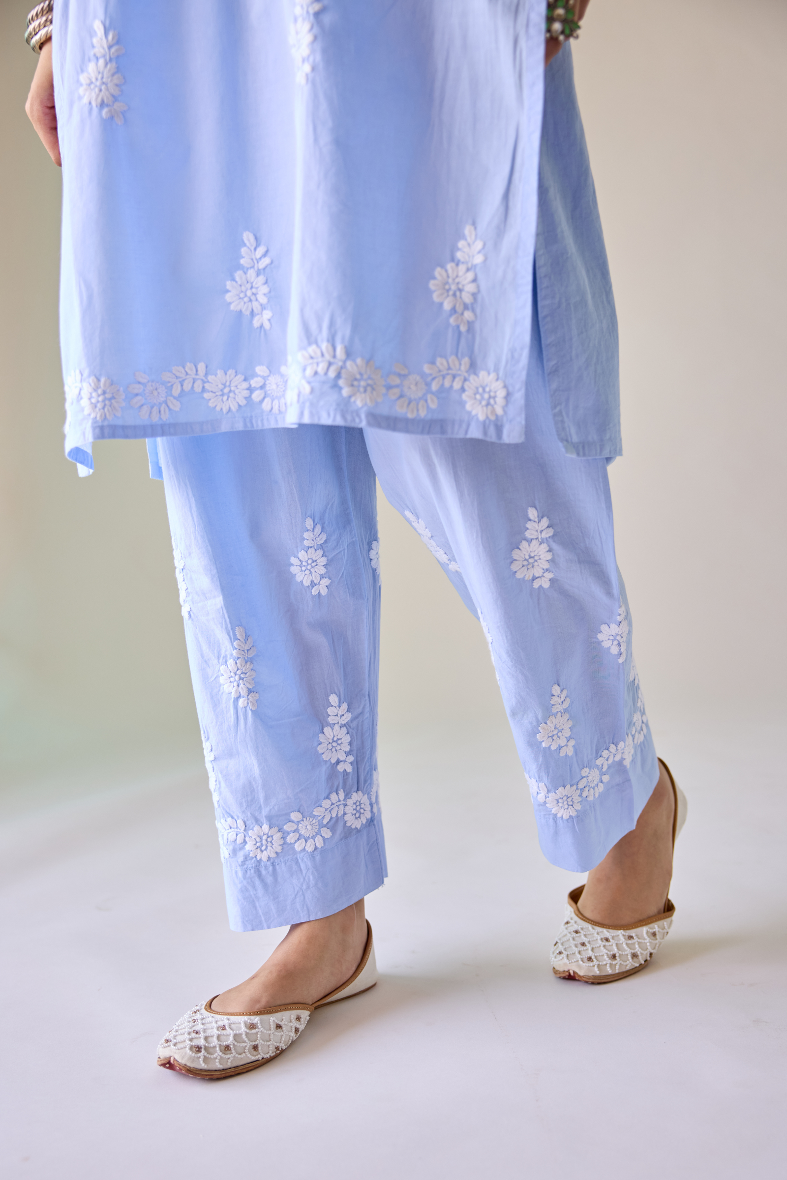 Halls Blue Cotton Hand Embroidered Chikankari Kurta & Pant Set