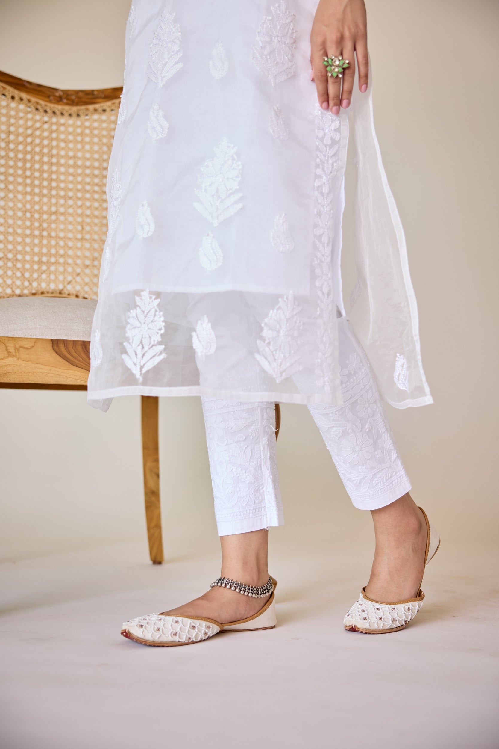 Raffia White Cotton Lycra Hand Embroidered Chikankari Straight Pant