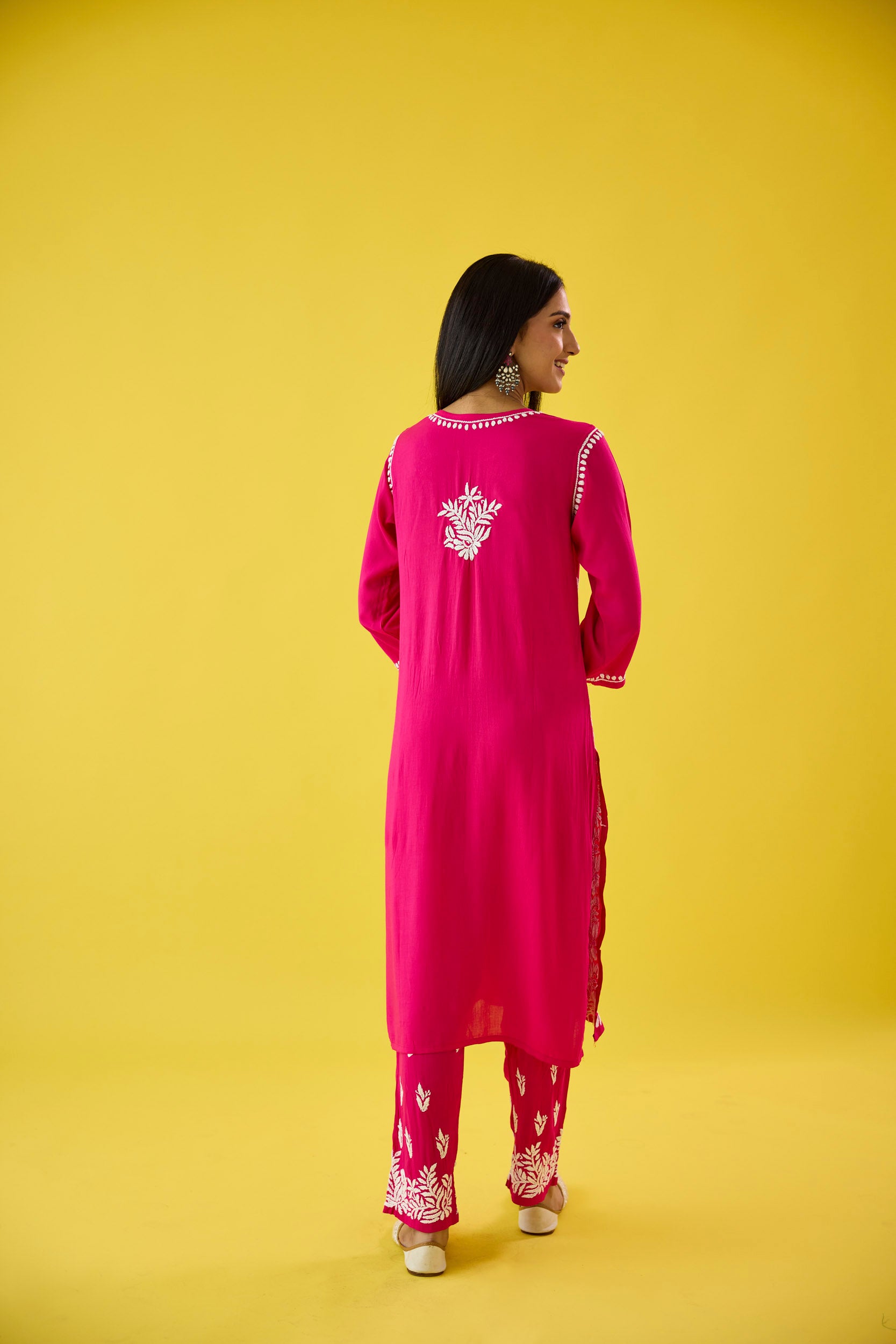 Melis Hot Pink Modal Hand Embroidered Chikankari Kurta & Pant Set