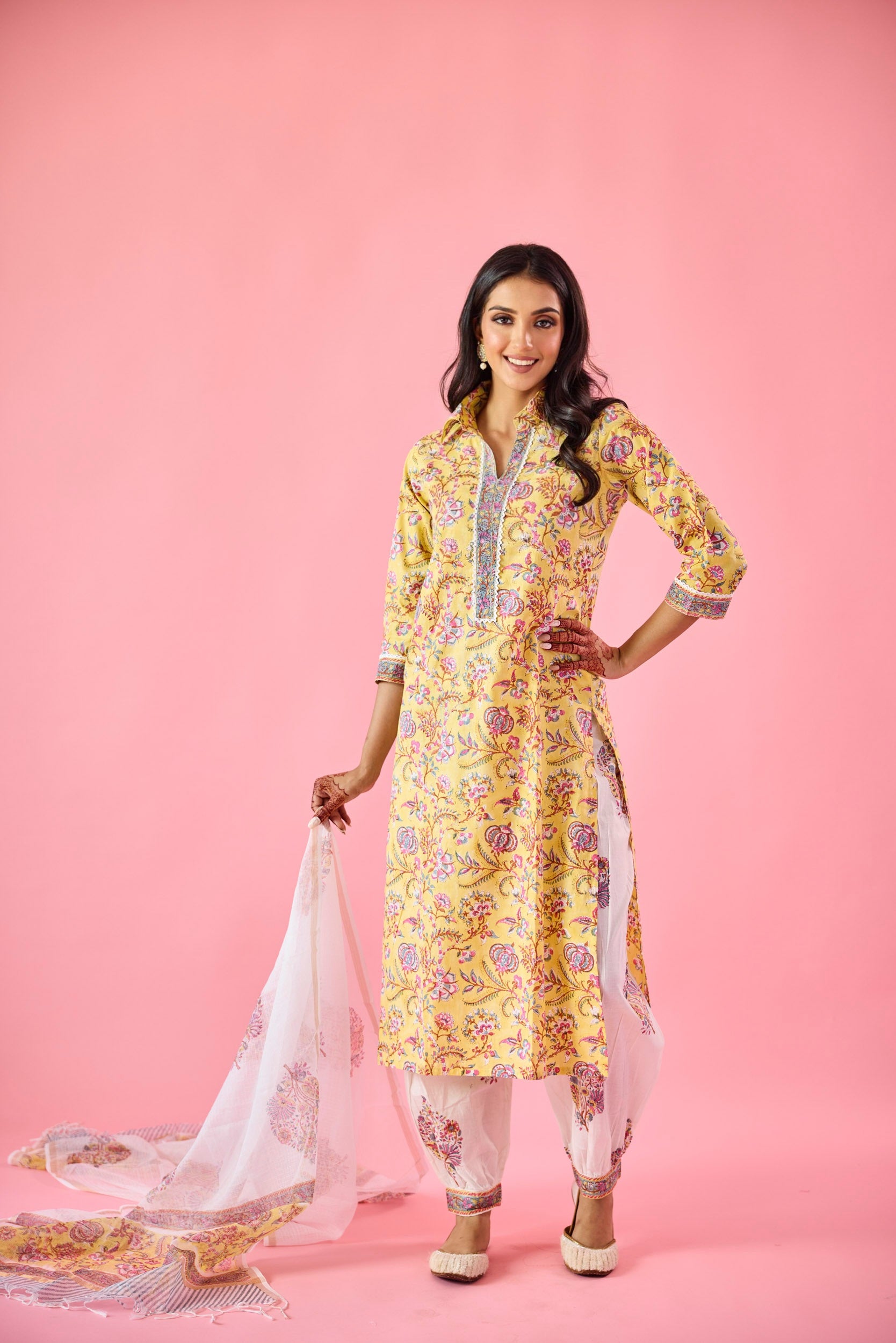 Ziyana Yellow & White Cotton Kurta Set