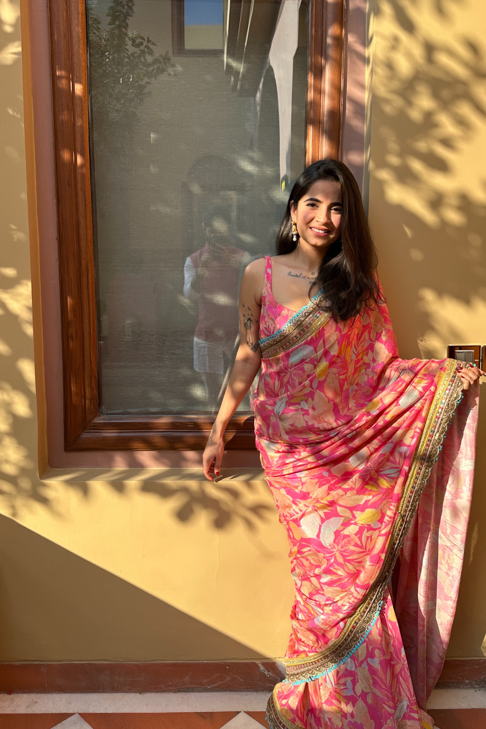 Aina Pink Muslin Saree With Blouse