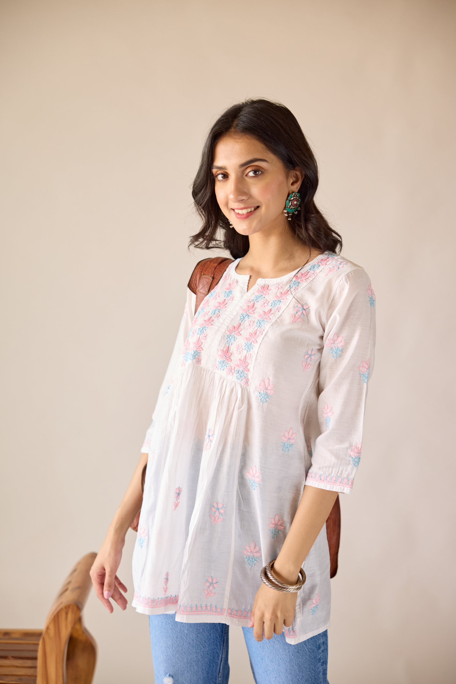 Anamika White Chanderi Hand Embroidered Short Chikankari Kurti