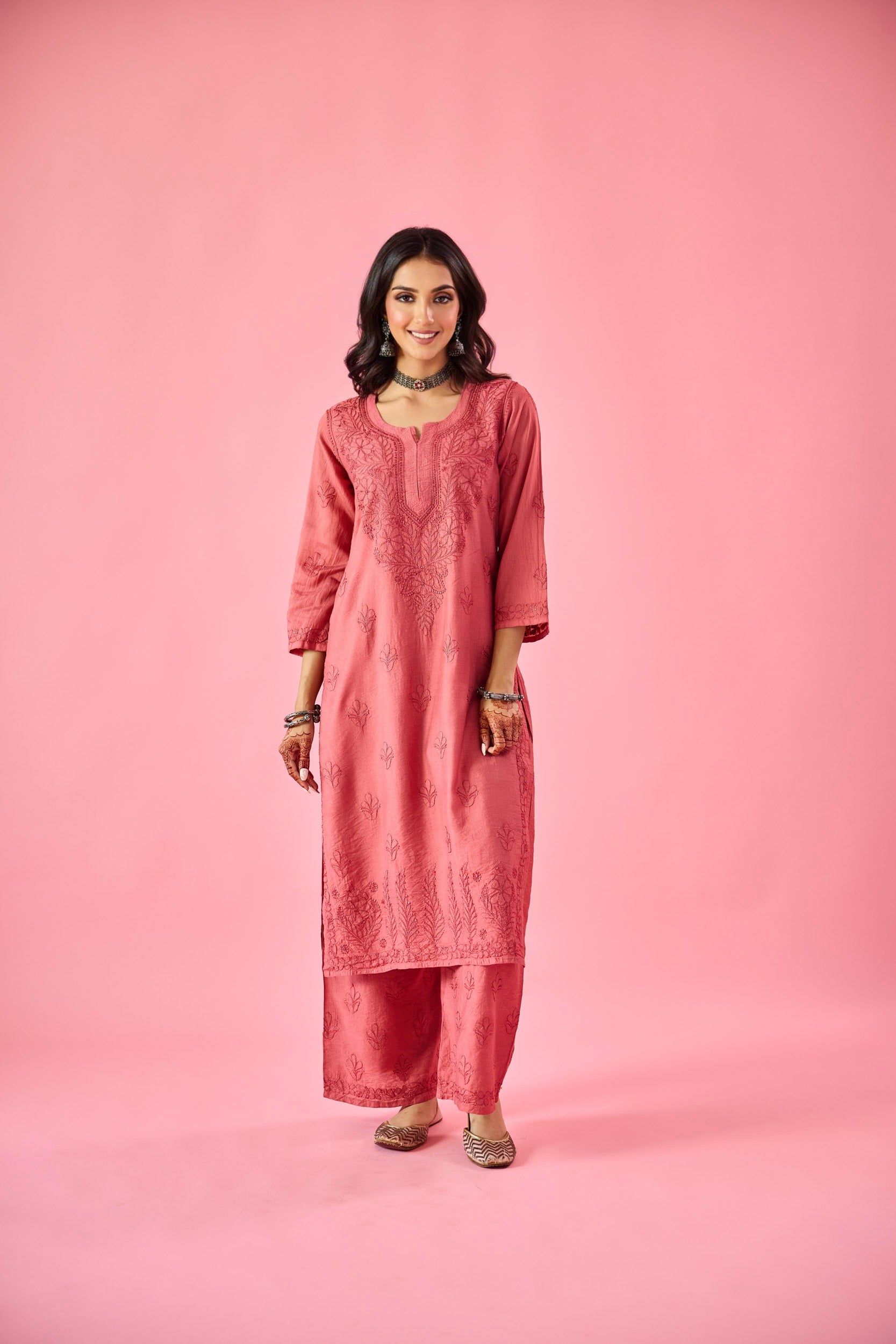 Macaba Rust Chanderi Hand Embroidered Chikankari Kurta & Pant Set