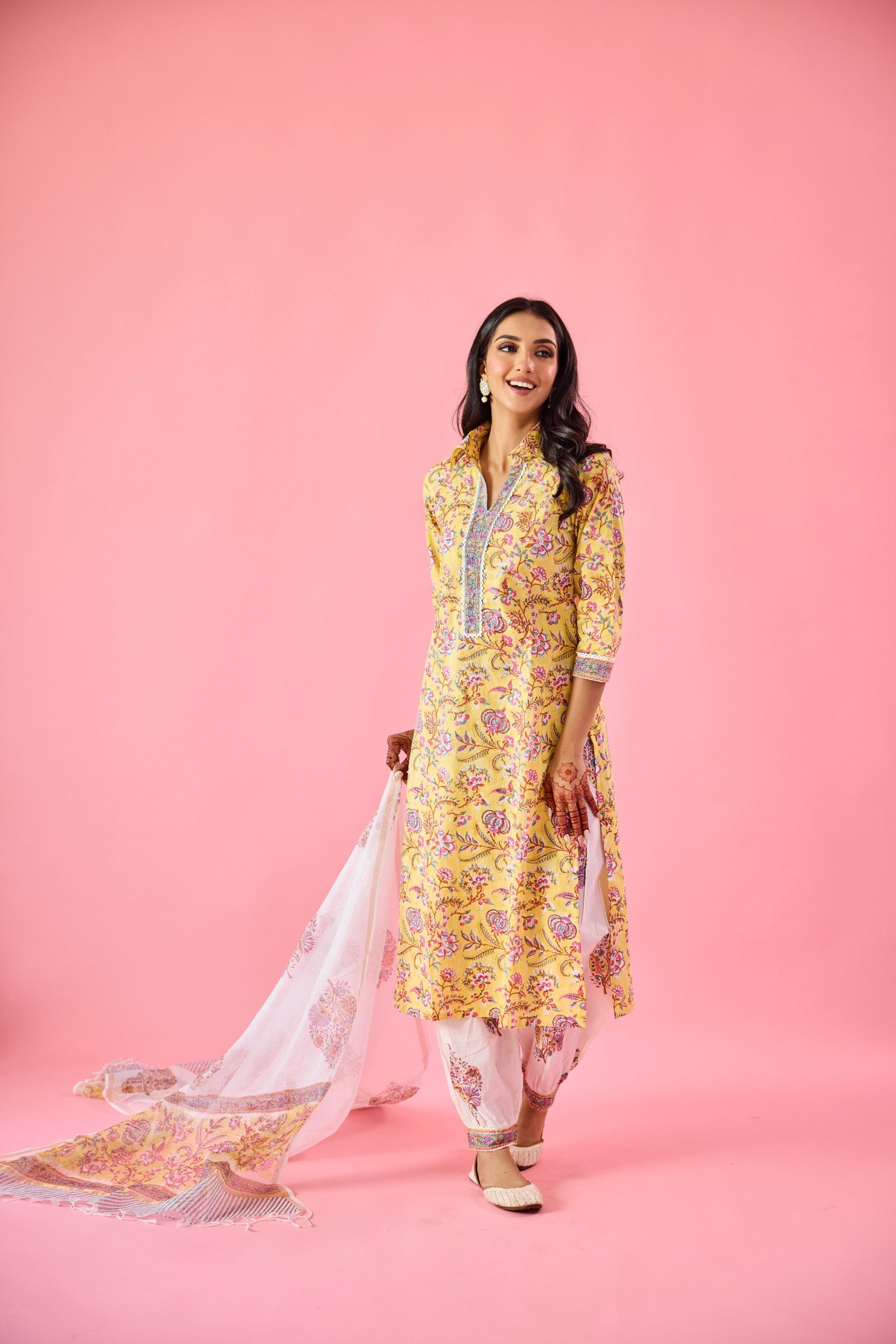 Ziyana Yellow & White Cotton Kurta Set