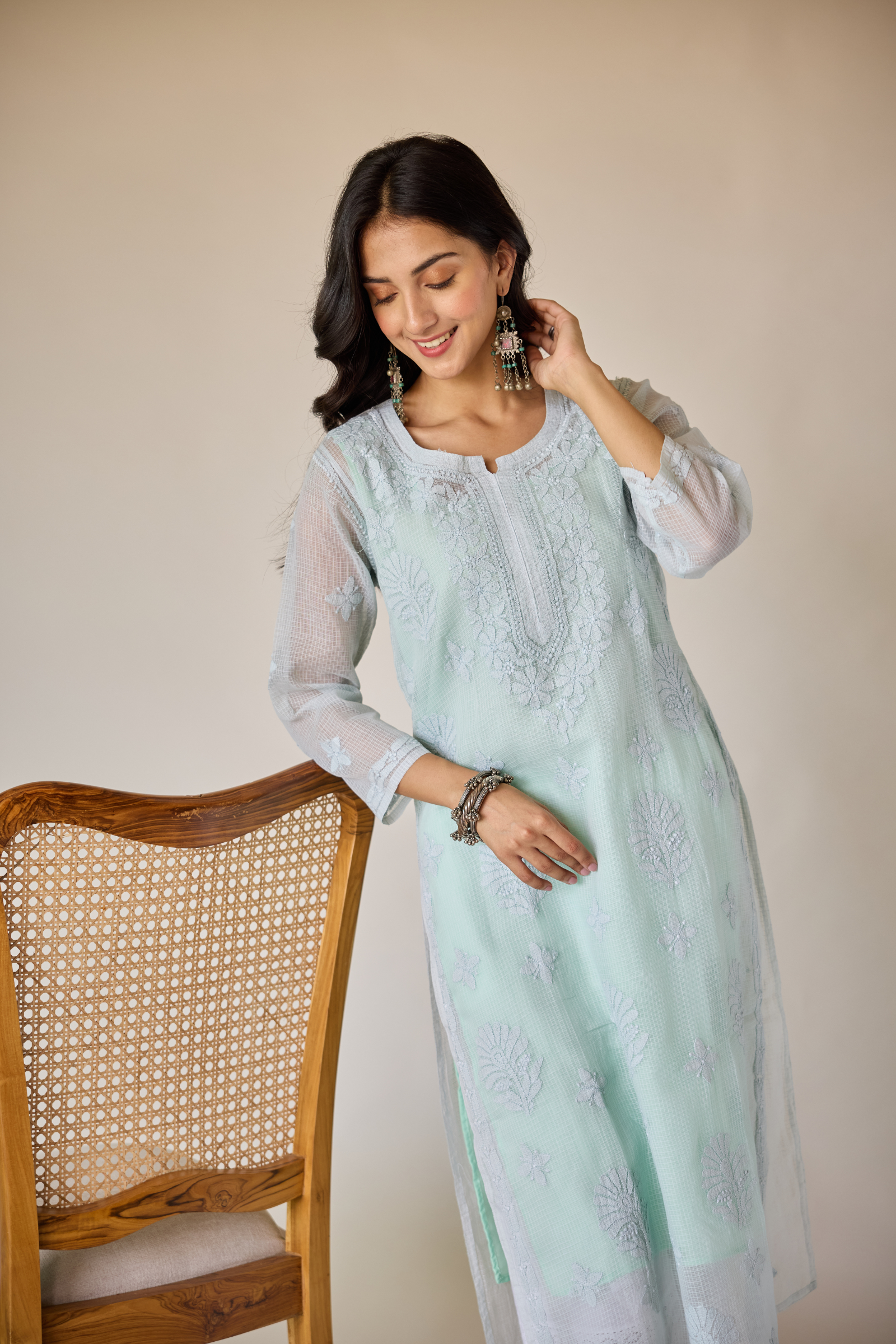 Dehra Blue Kota Hand Embroidered Chikankari Kurta with Slip