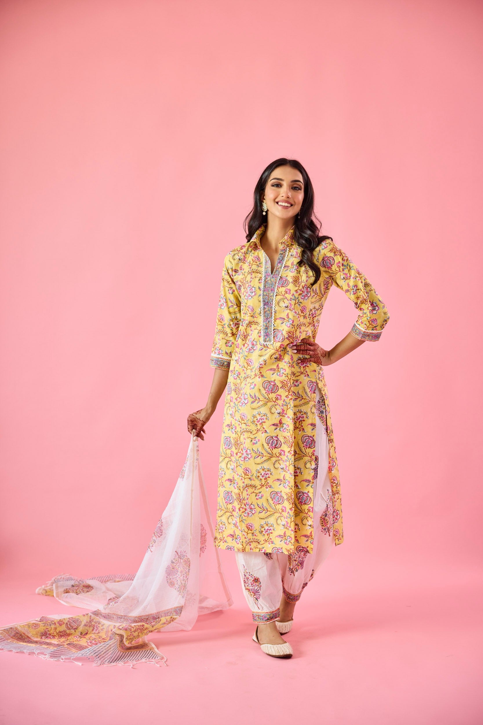 Ziyana Yellow & White Cotton Kurta Set