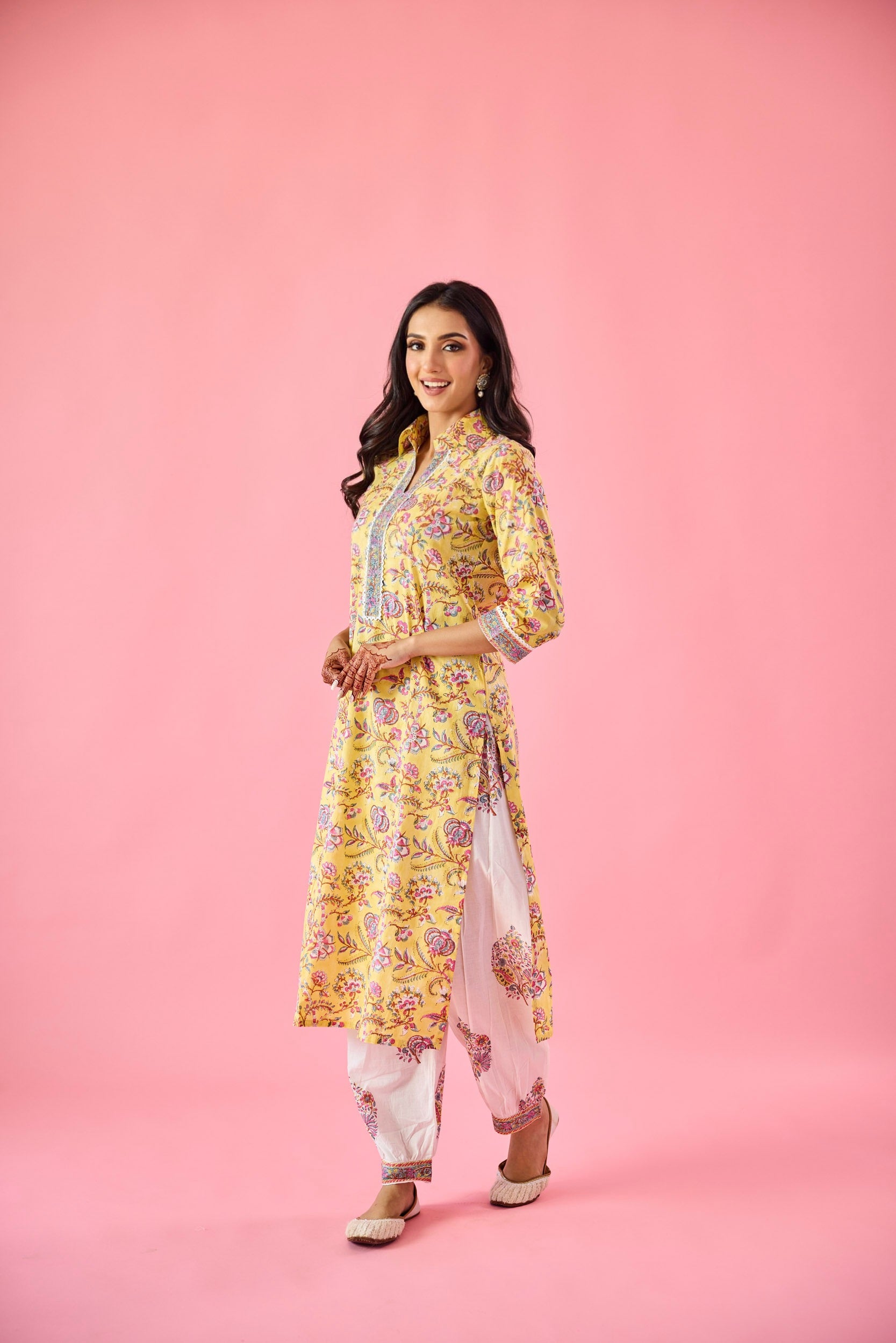 Ziyana Yellow & White Cotton Kurta Set