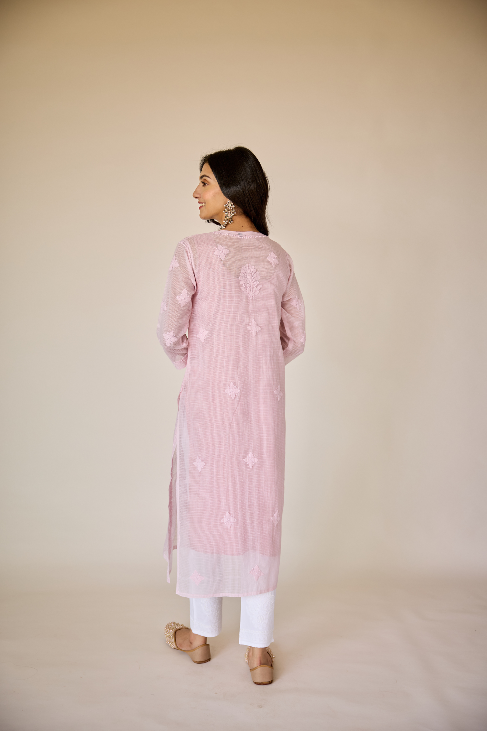 Jayanti Pink Kota Hand Embroidered Chikankari Kurta with Slip