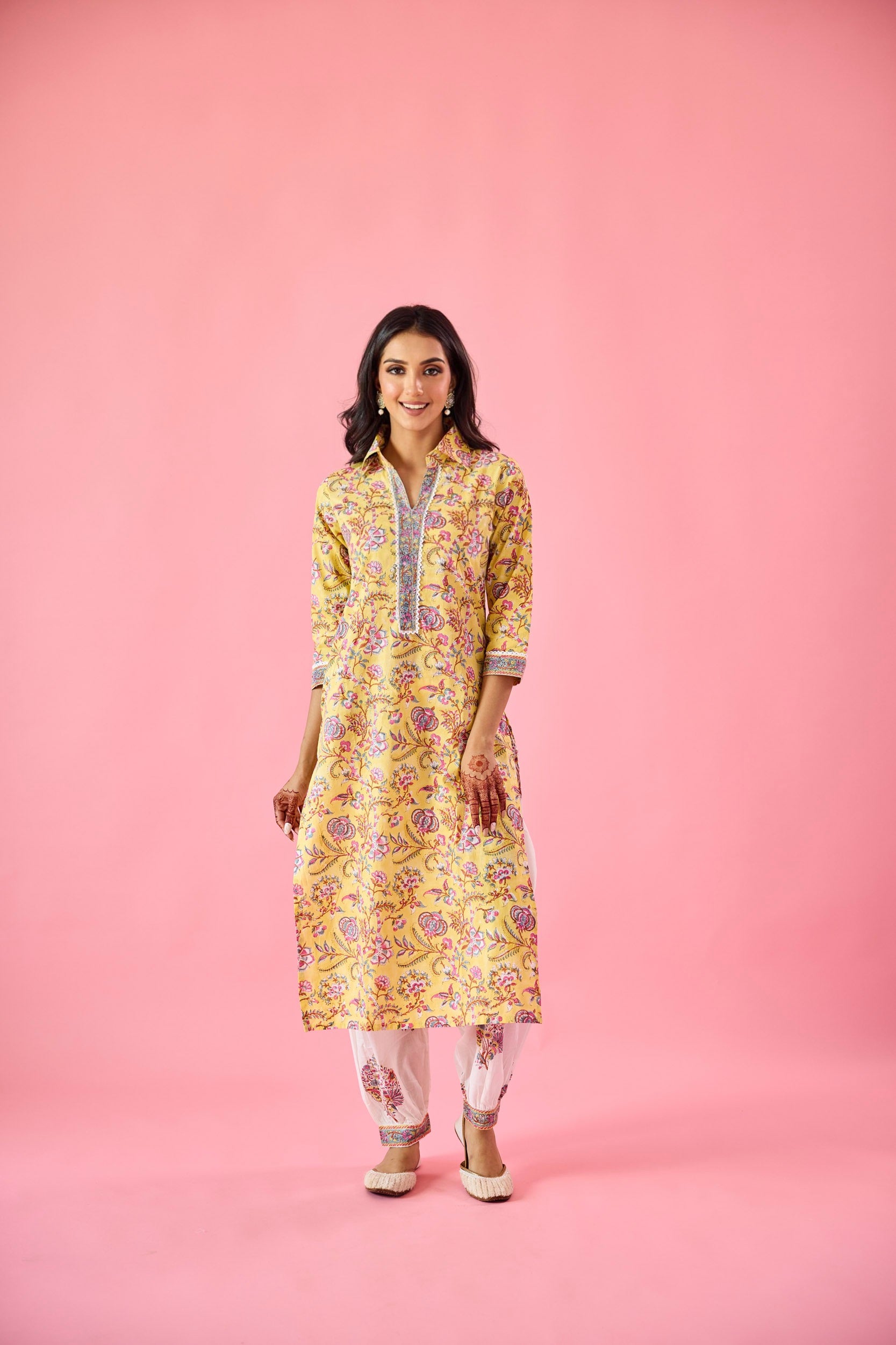 Ziyana Yellow & White Cotton Kurta Set