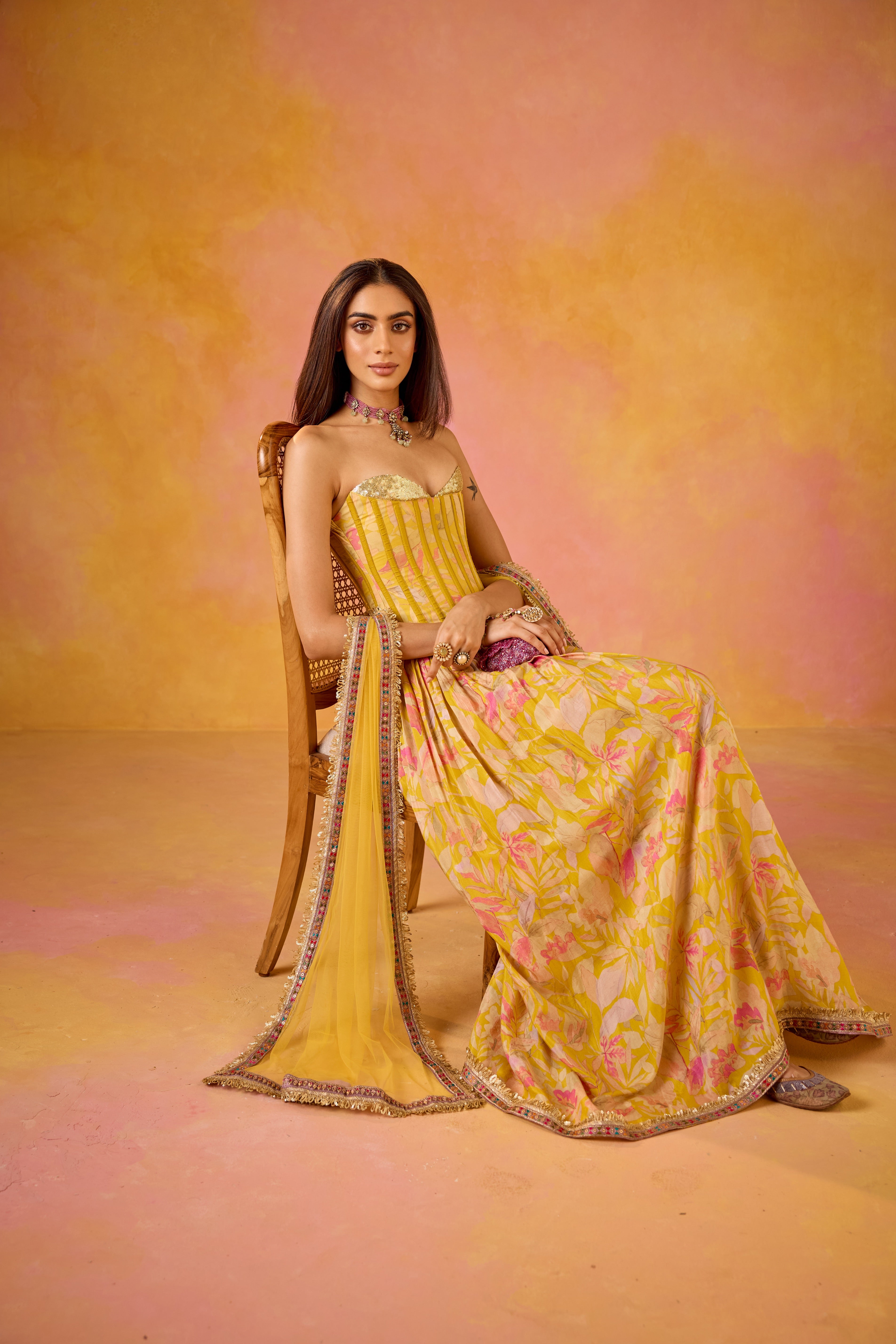 Anaya Yellow Sequinned Corset Muslin Lehenga Set