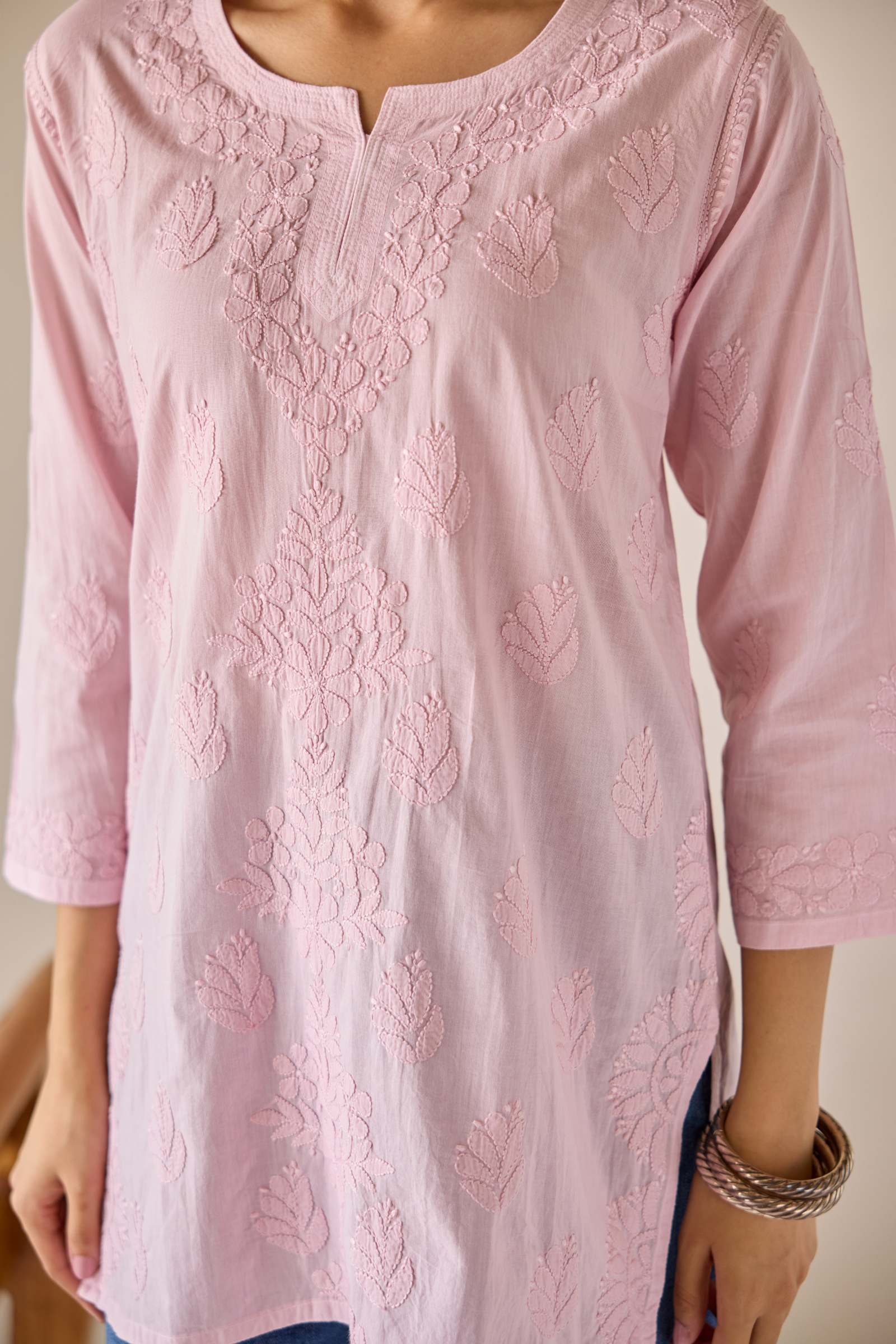 Ekta Pink Cotton Hand Embroidered Short Chikankari Kurti