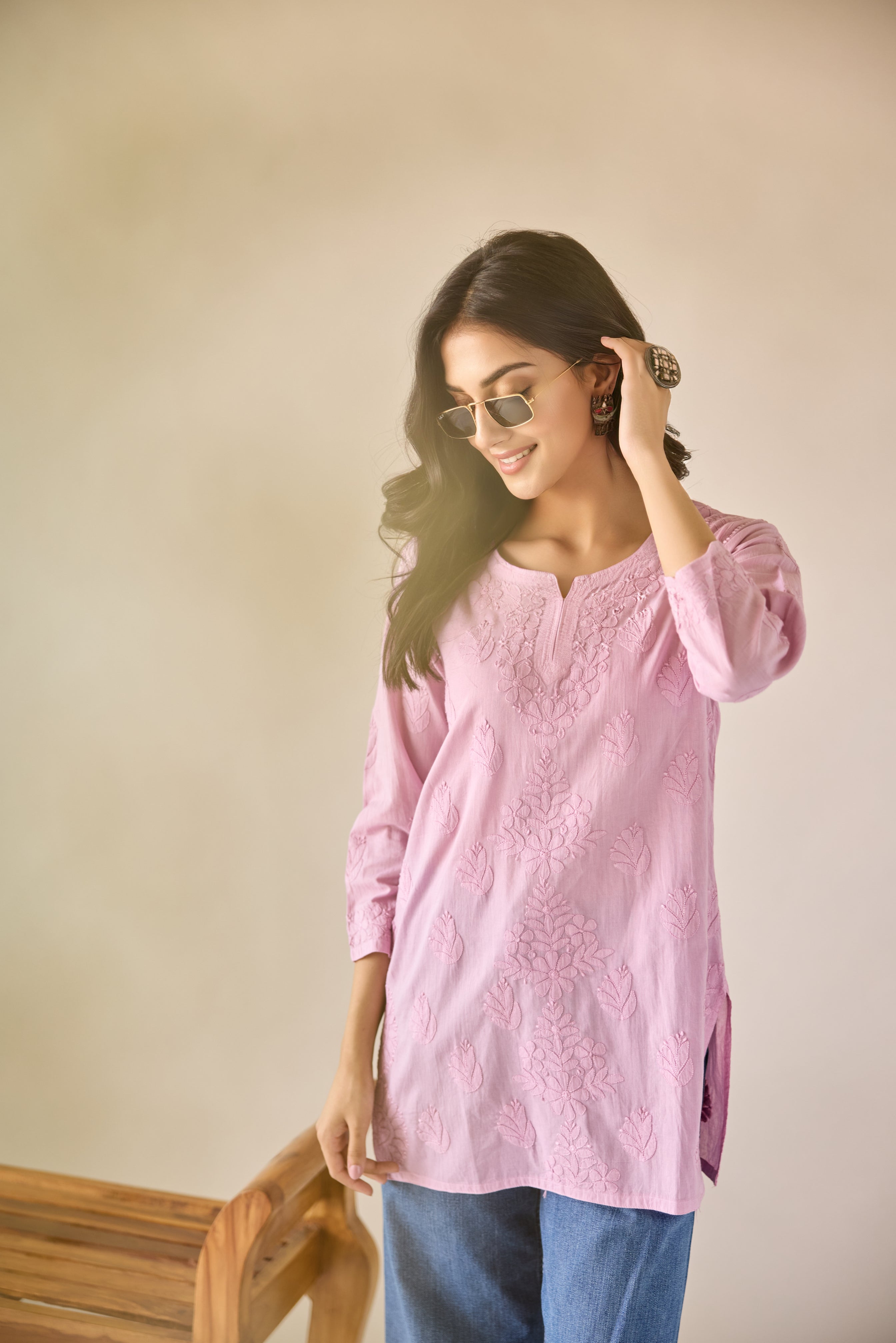 Sonam Lilac Cotton Hand Embroidered Short Chikankari Kurti