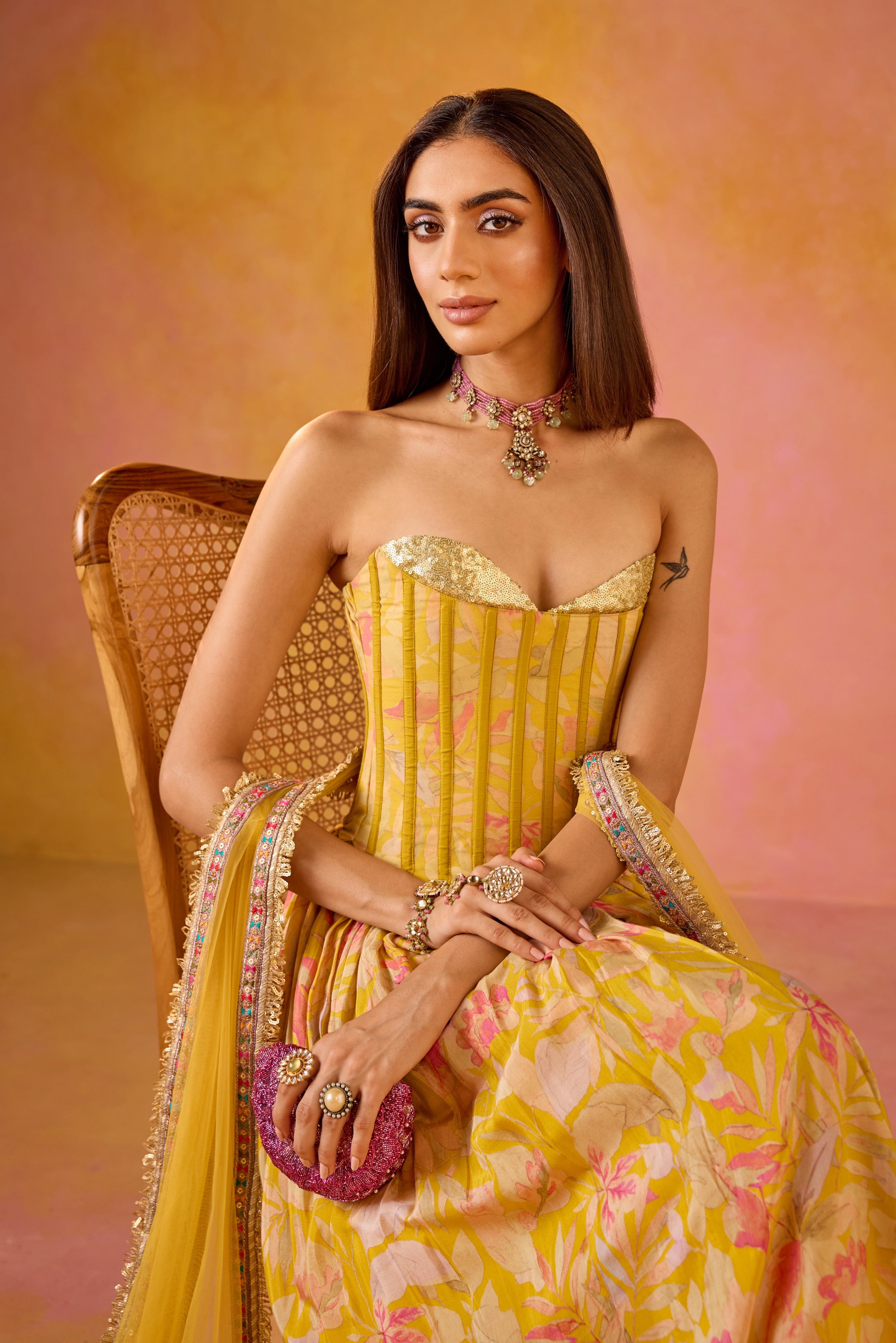 Anaya Yellow Sequinned Corset Muslin Lehenga Set