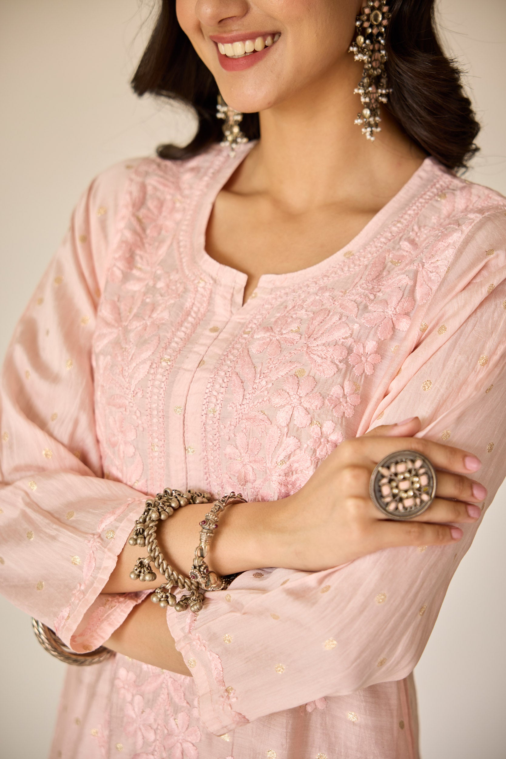 Zubaida Blush Pink Chanderi Hand Embroidered Chikankari Kurta