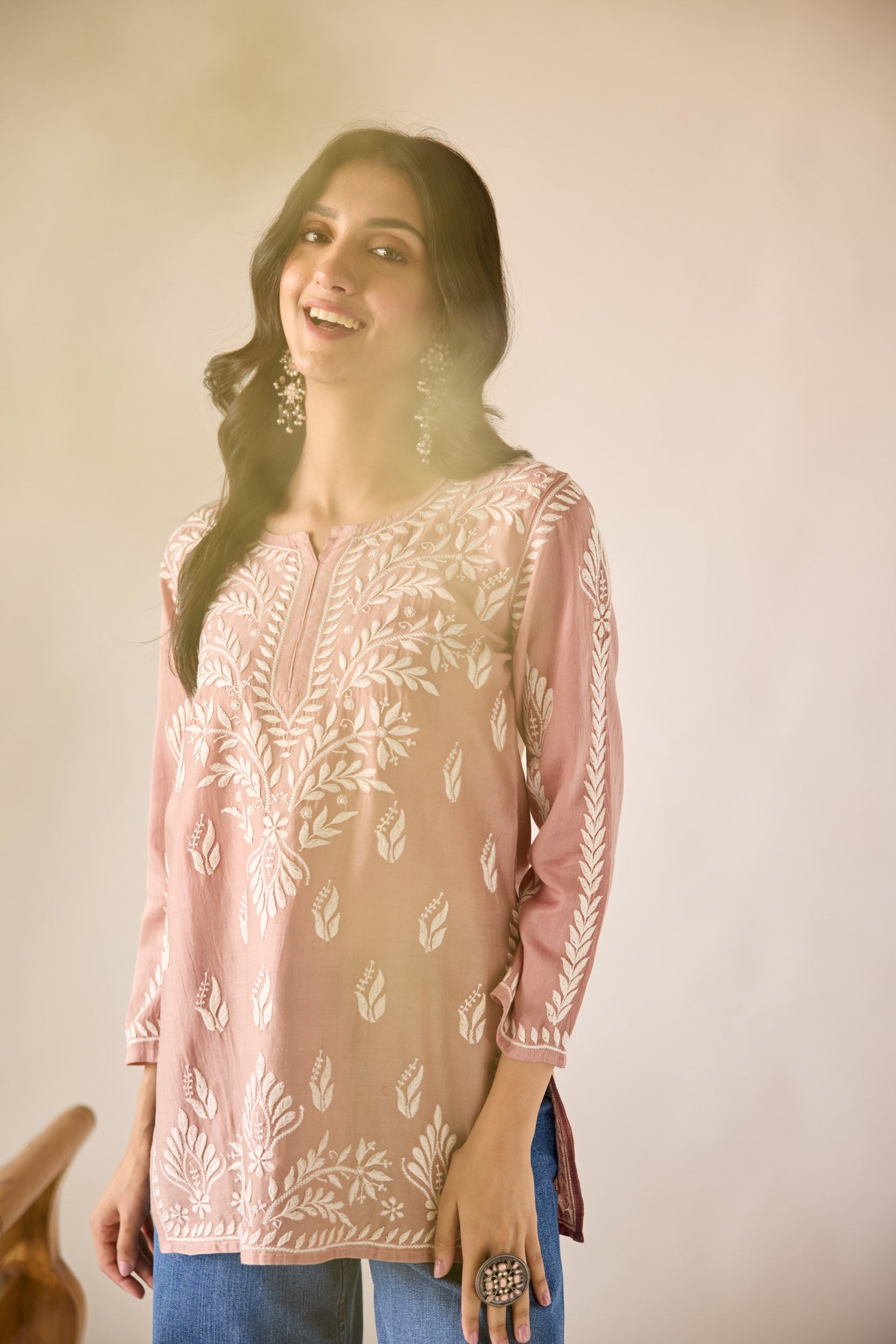 Mallika Brown Chanderi Hand Embroidered Short Chikankari Kurti