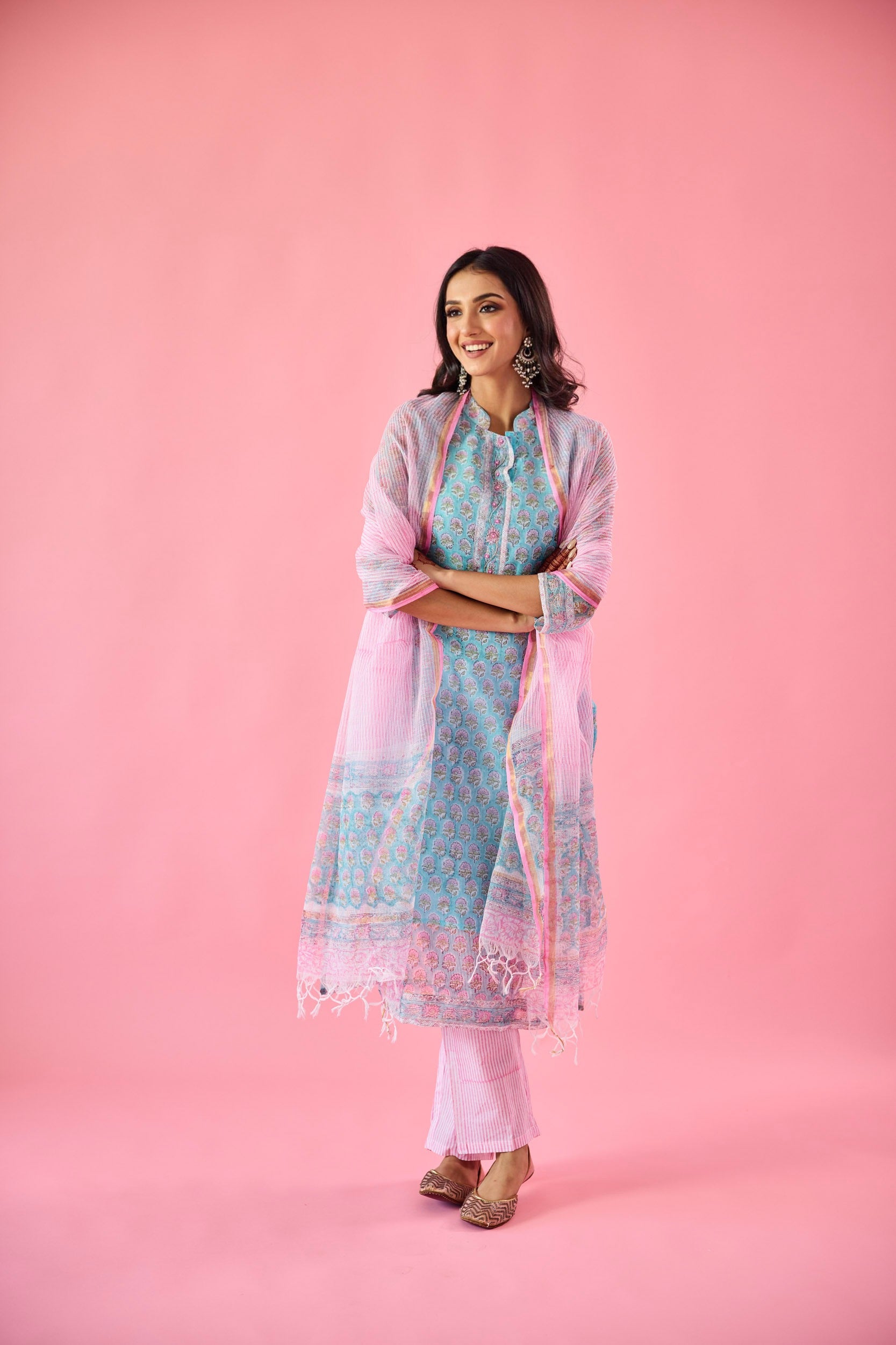 Qudsia Blue & Pink Kota Hand Embellished Kurta Set