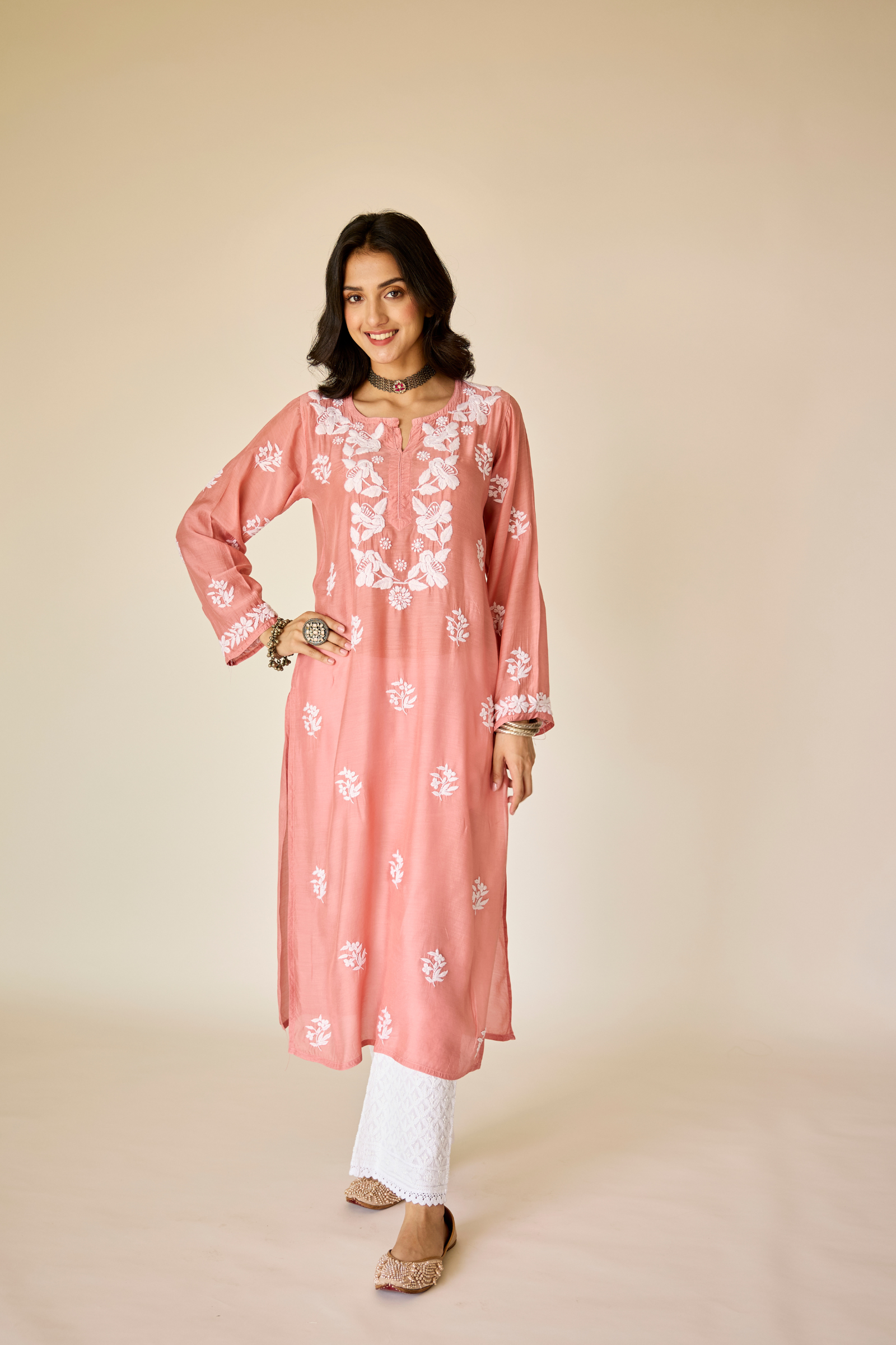 Sumaiya Rust Pink Muslin Hand Embroidered Chikankari Kurta