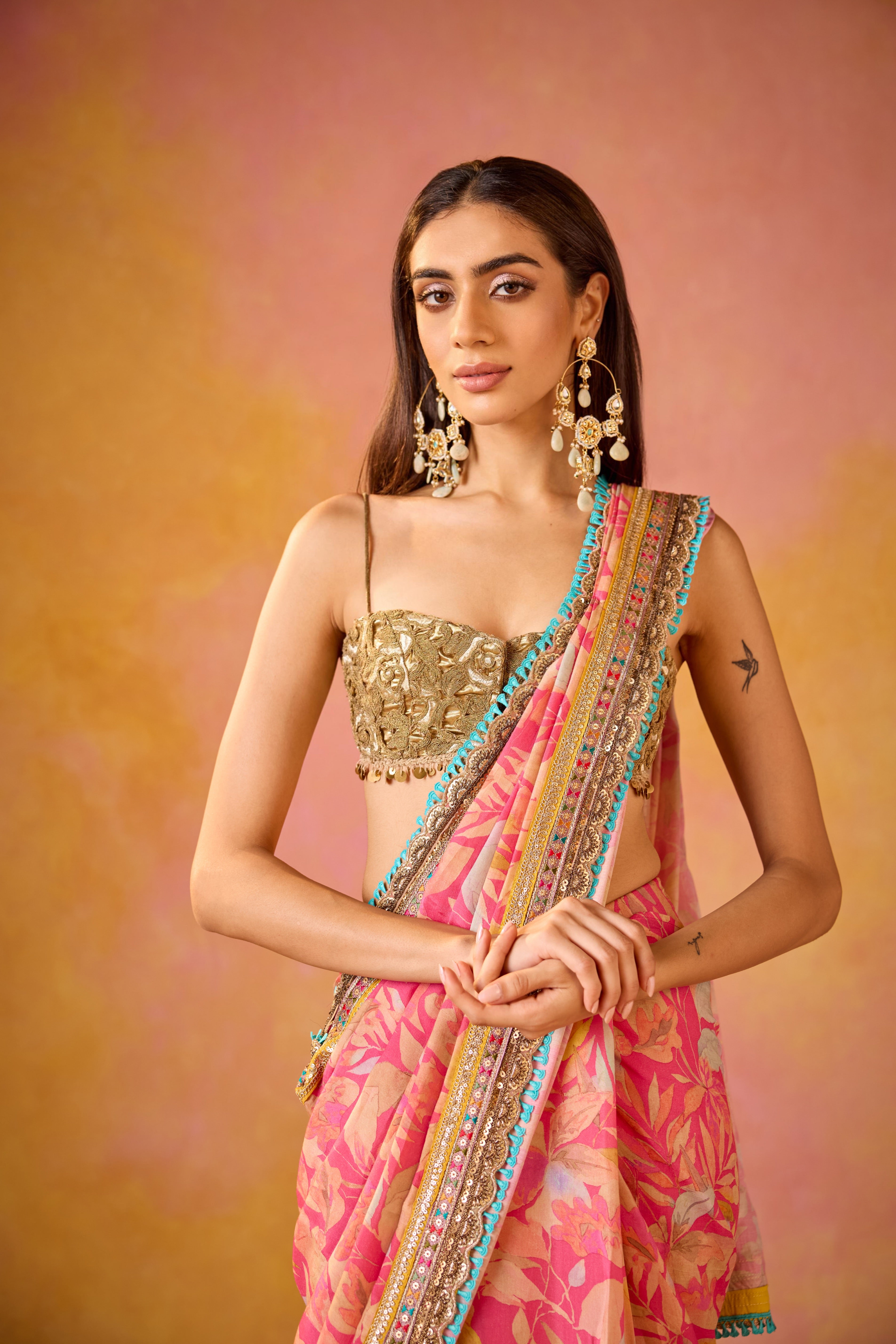 Aarohi Pink Muslin Saree With Gold Embroidered Blouse