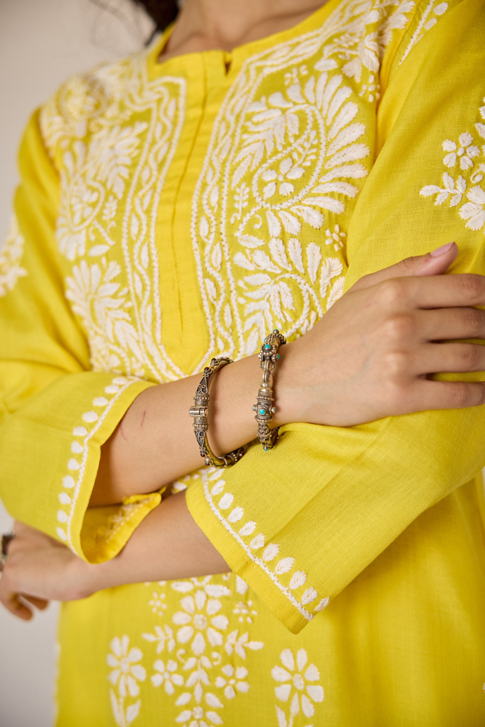 Ifrah Yellow Hand Embroidered Chikankari Kurta