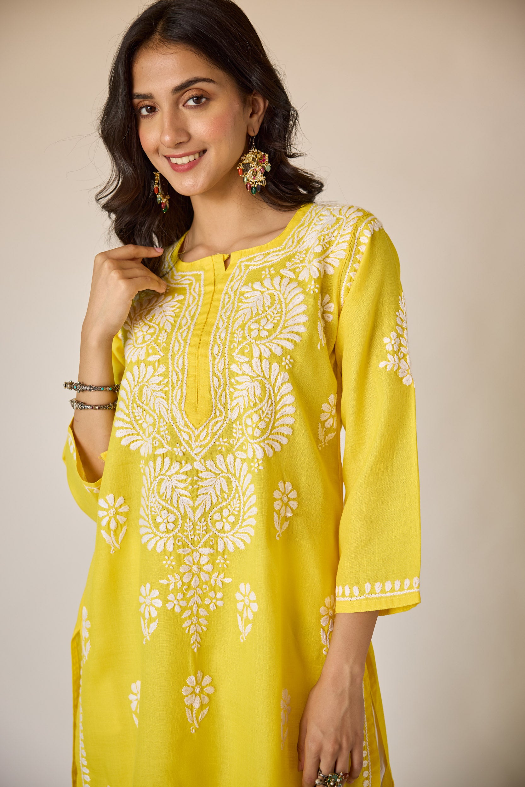 Ifrah Yellow Hand Embroidered Chikankari Kurta