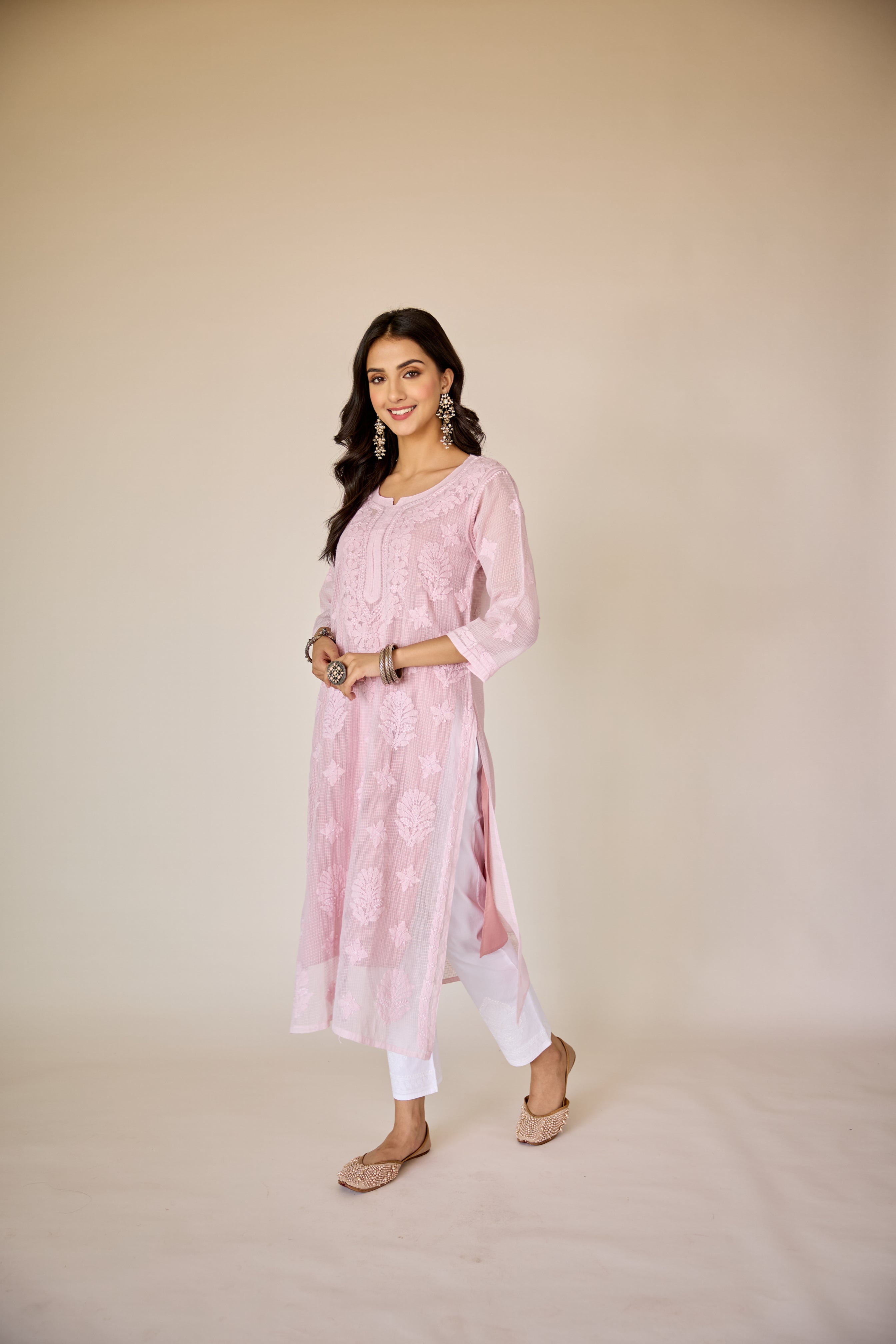 Jayanti Pink Kota Hand Embroidered Chikankari Kurta with Slip