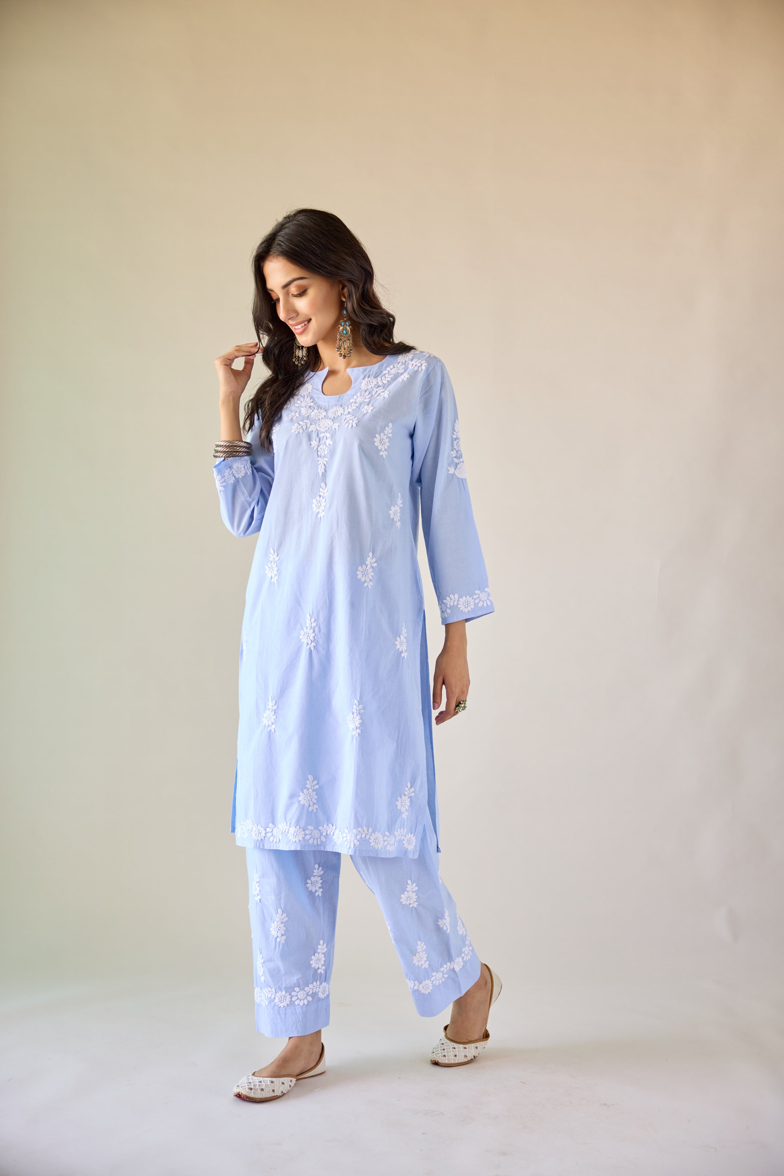 Halls Blue Cotton Hand Embroidered Chikankari Kurta & Pant Set