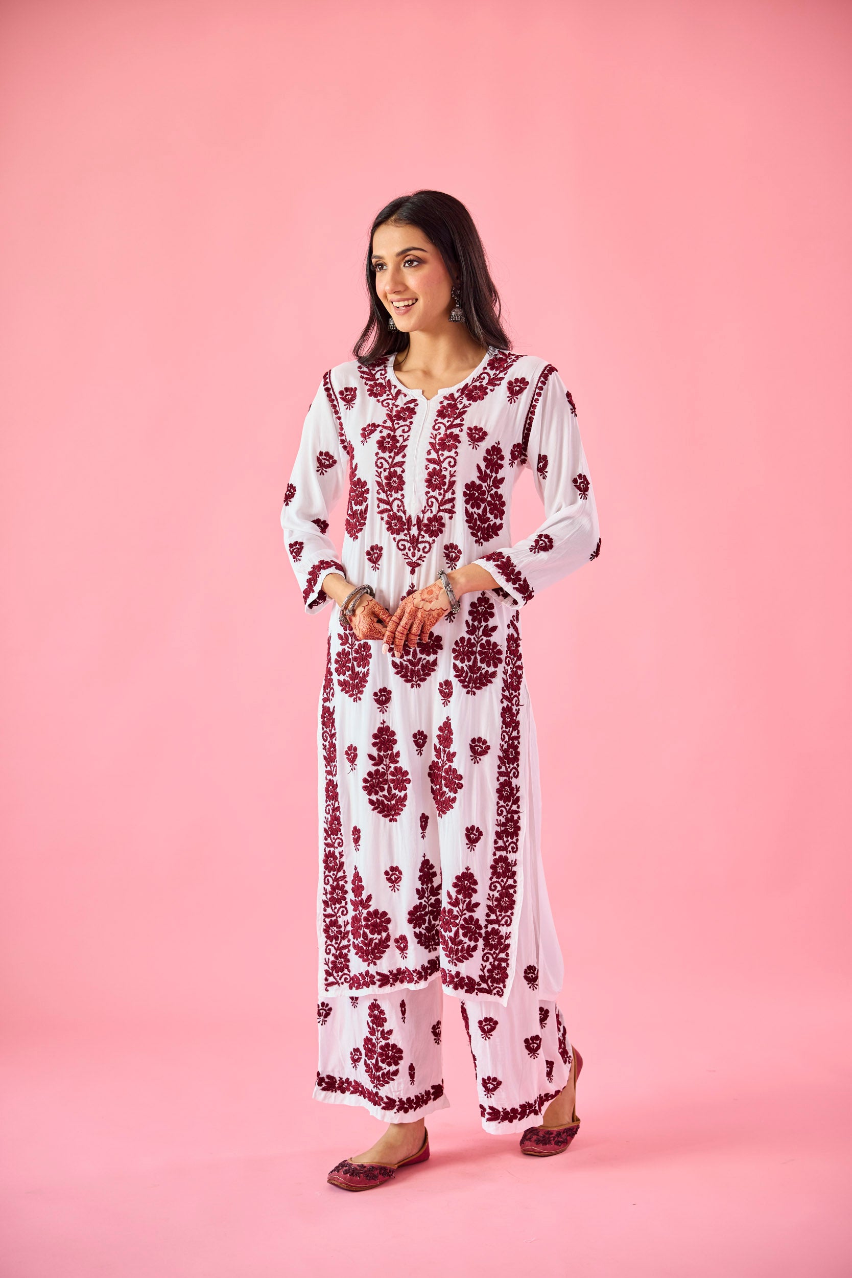 Gyaani Maroon & White Modal Hand Embroidered Chikankari Kurta & Pant Set