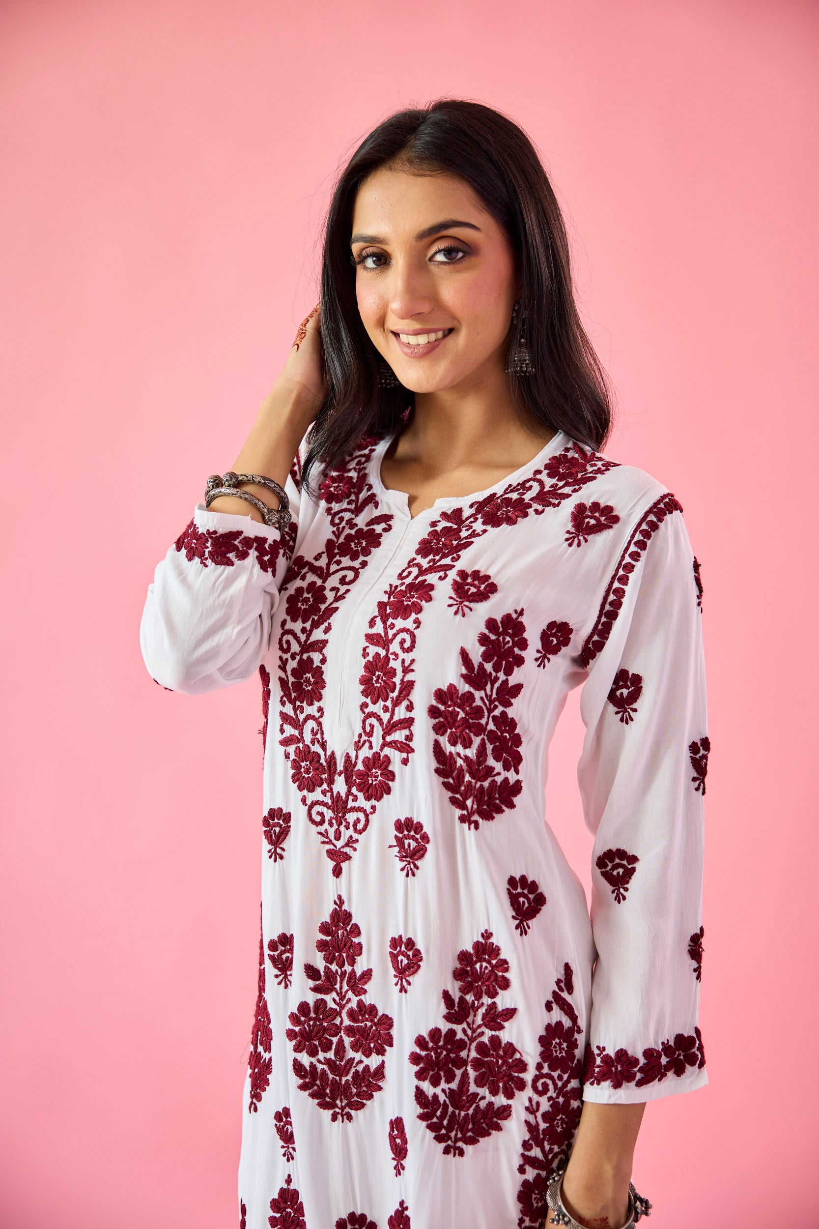 Gyaani Maroon & White Modal Hand Embroidered Chikankari Kurta & Pant Set